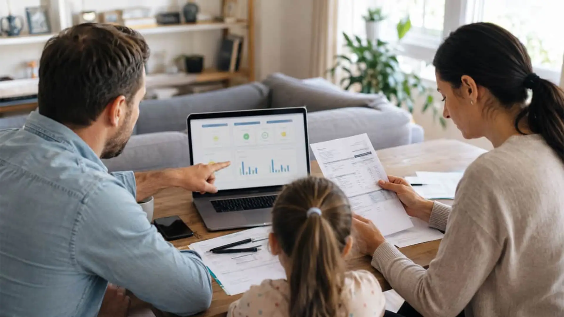 Cómo cambian ahora los españoles de tarifa de luz: comparadores, búsqueda online y muy pocas llamadas Familia revisa facturas y gráficos financieros en un portátil para planificar su presupuesto en casa