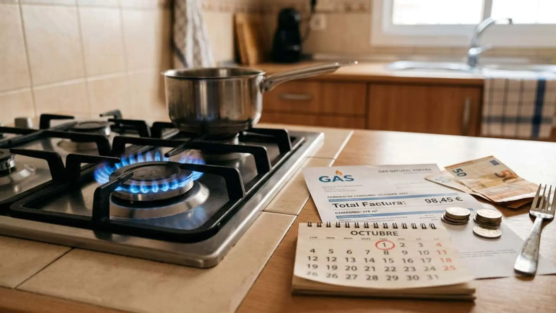 Fogón de gas encendido junto a una factura de gas, un calendario de octubre, monedas y billetes
