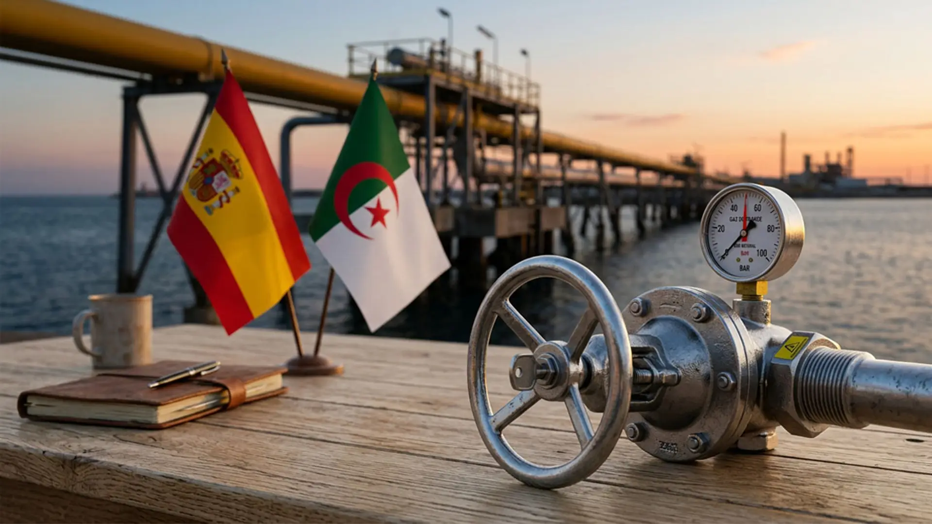 España pacta con Argelia, su primer proveedor de gas, subir el suministro un 10% y duplicar el GNL Válvula y manómetro de un gasoducto junto a las banderas de España y Argelia, con una instalación industrial al fondo