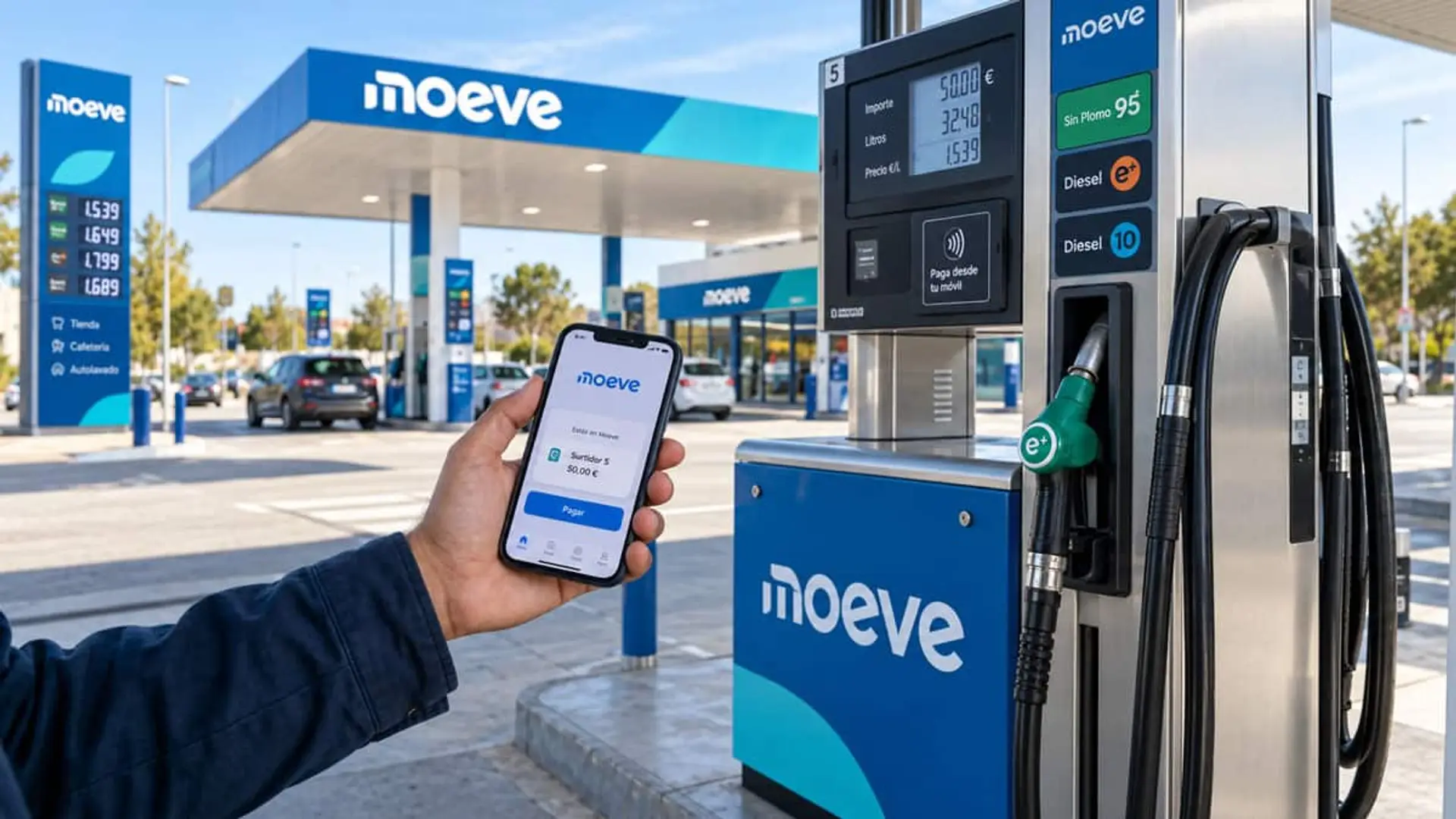 Moeve alarga un mes el doble de ahorro en carburantes: 5 euros de saldo en 50 litros y hasta 20 con ventajas Mano sosteniendo un móvil con la aplicación de Moeve junto a un surtidor de gasolina, con la estación de servicio al fondo.