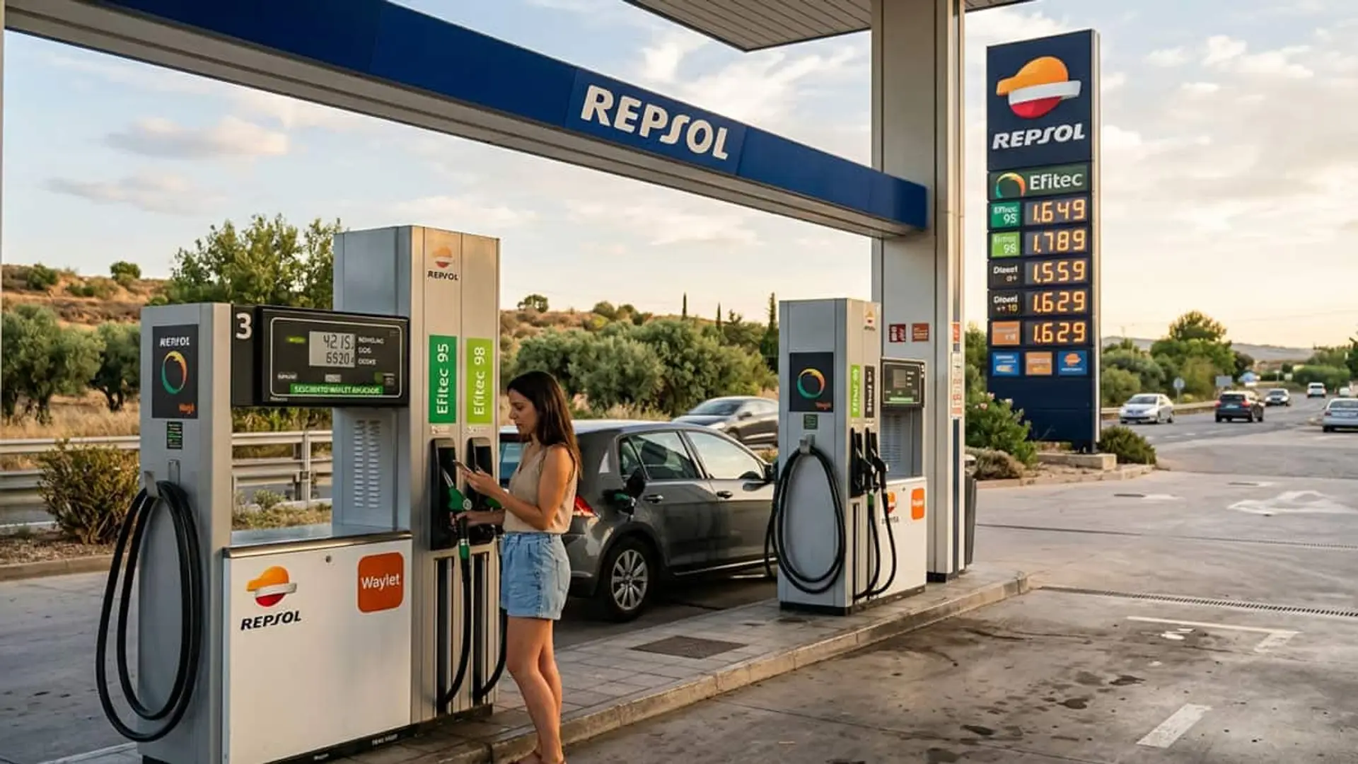 Mujer repostando su coche en una gasolinera Repsol con surtidores y precios de los combustibles visibles