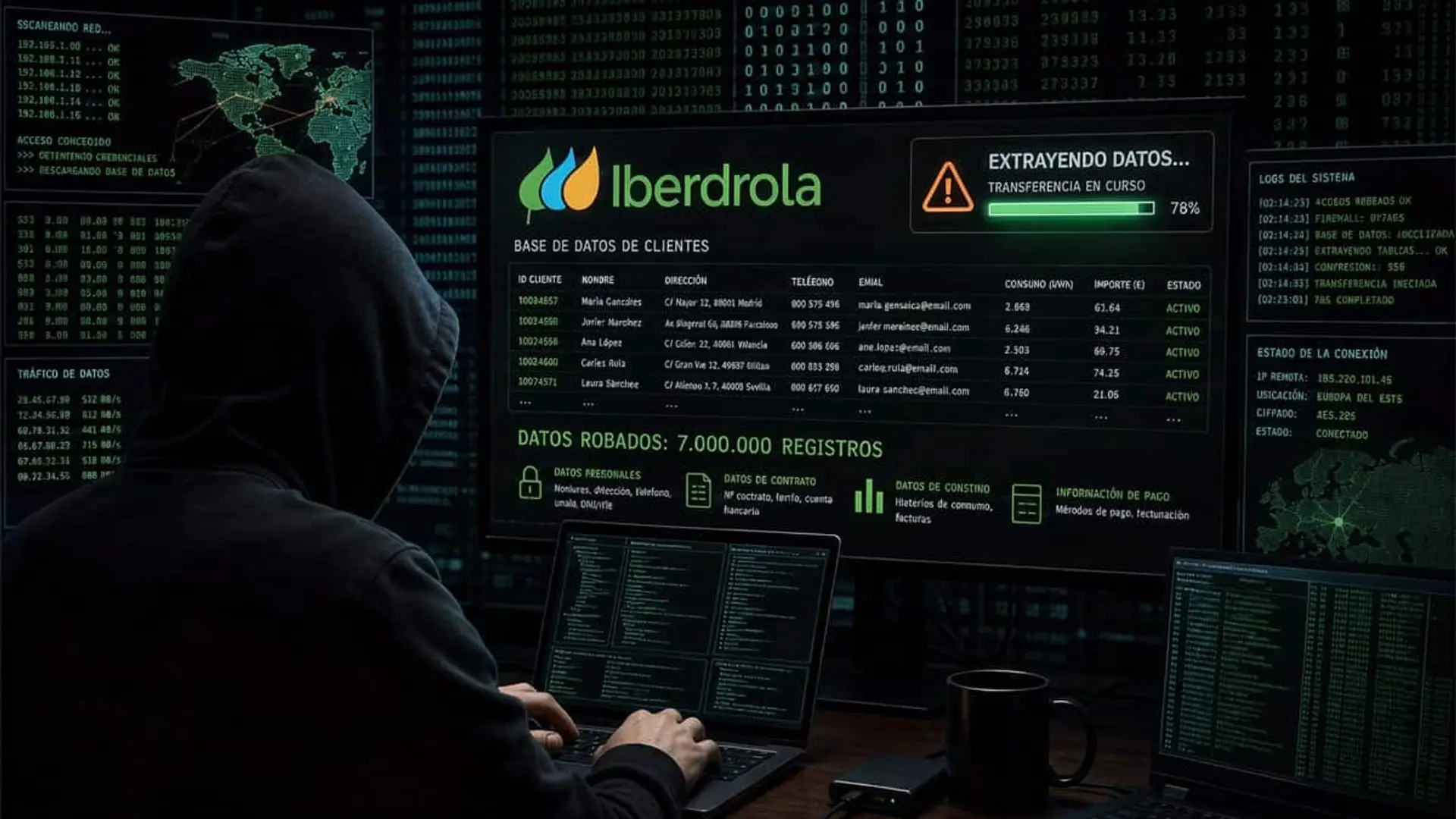 Persona con capucha frente a varias pantallas con datos, alertas de extracción y el logotipo de Iberdrola