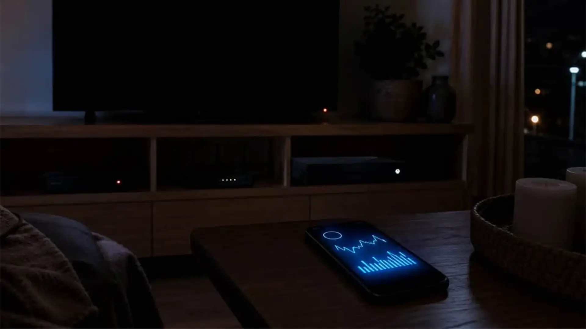 Hasta el 11% de tu factura se va en consumo fantasma: cómo usar el móvil para recortarlo Hogar inteligente de noche con móvil monitorizando consumo eléctrico y dispositivos conectados en el salón