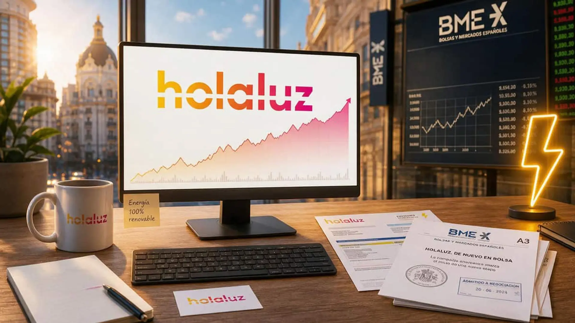 Pantalla con el logo de Holaluz y un gráfico de cotización junto a paneles de BME y documentos bursátiles
