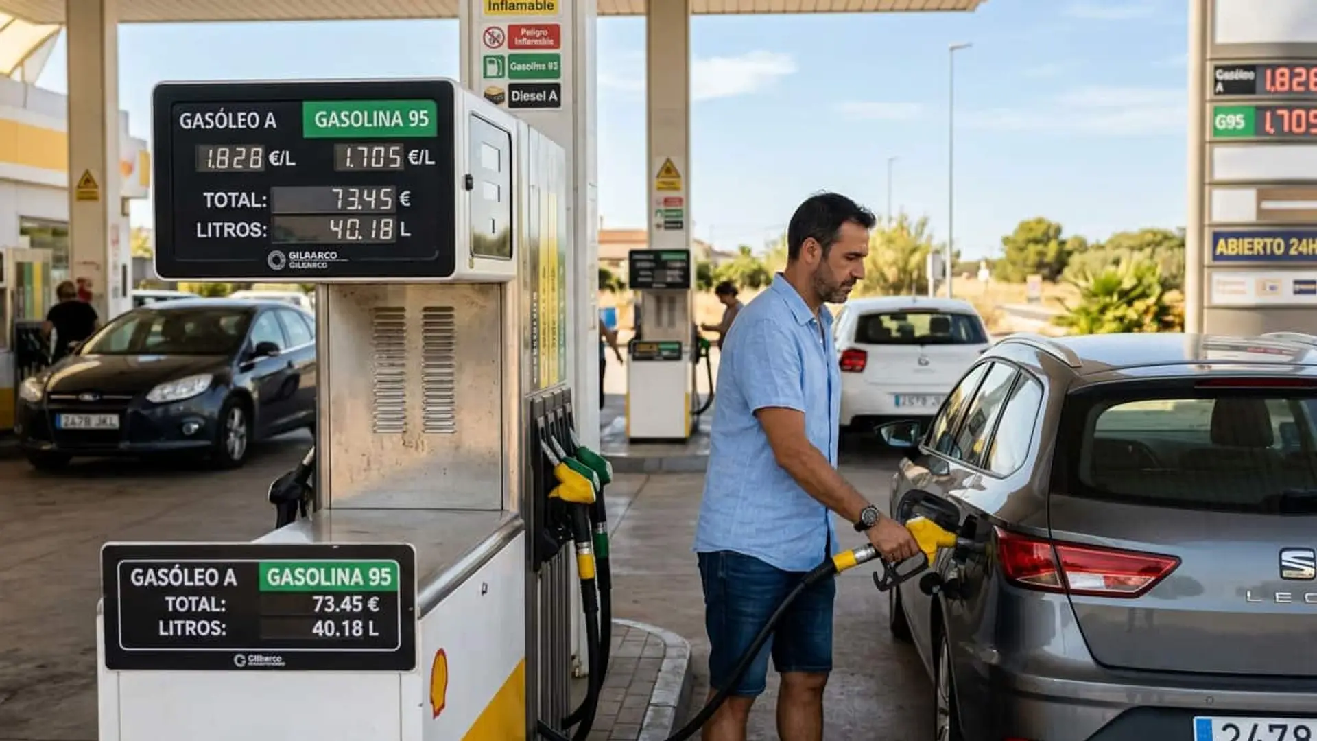 Hombre repostando gasolina en una gasolinera con los precios del gasóleo y la gasolina visibles en el surtidor
