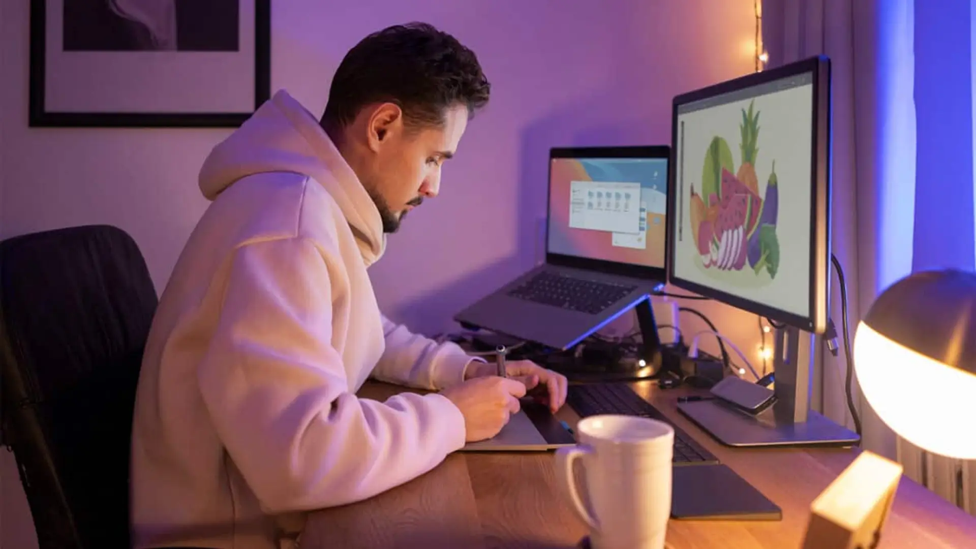 Hombre trabajando en un escritorio con dos pantallas, una taza y la lámpara de mesa encendida.