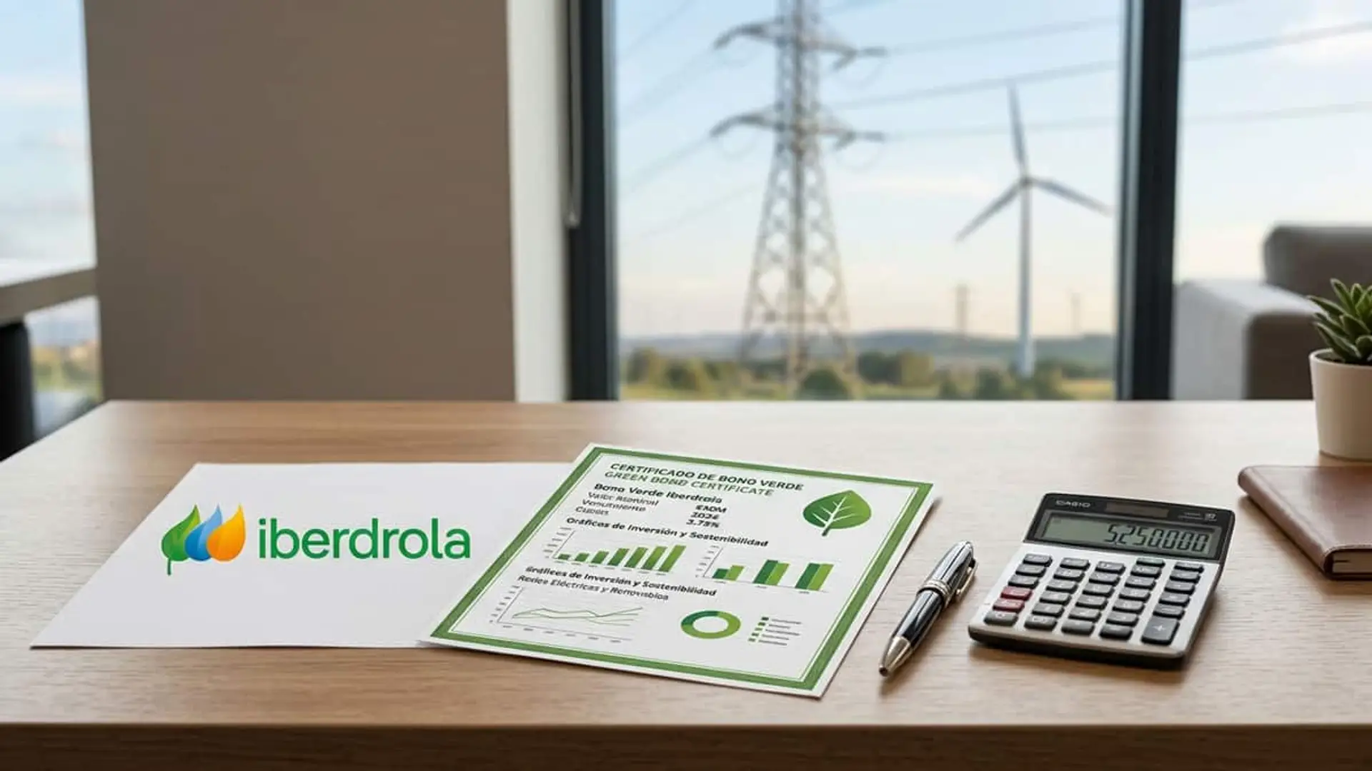 Logotipo de Iberdrola junto a un certificado de bono verde, una calculadora y un bolígrafo, con líneas eléctricas y aerogeneradores al fondo
