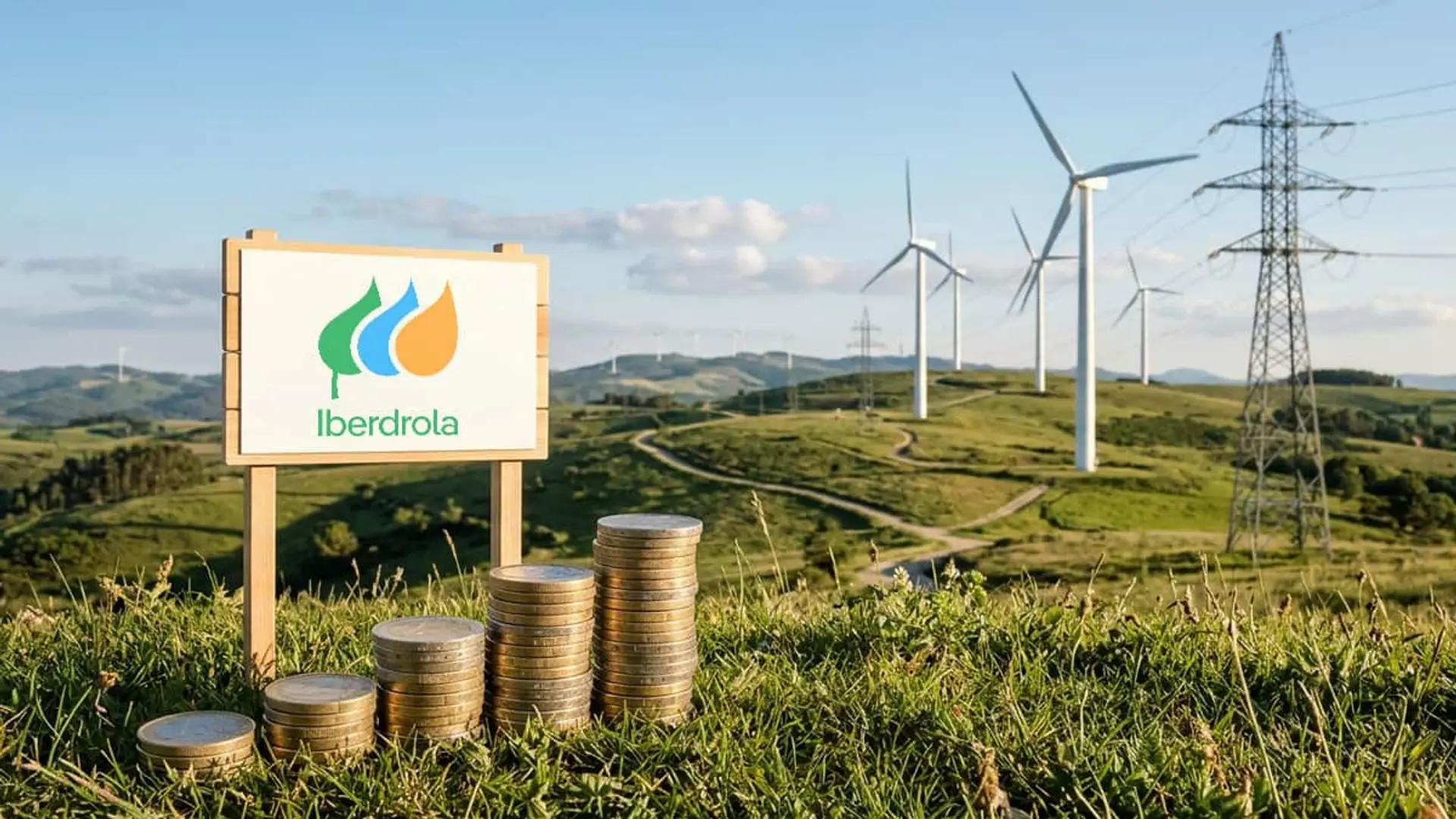 Iberdrola gana 5.816 millones hasta septiembre y prevé crecer al menos un 10% en 2026 Cartel de Iberdrola junto a pilas de monedas sobre el césped, con aerogeneradores y torres eléctricas al fondo.