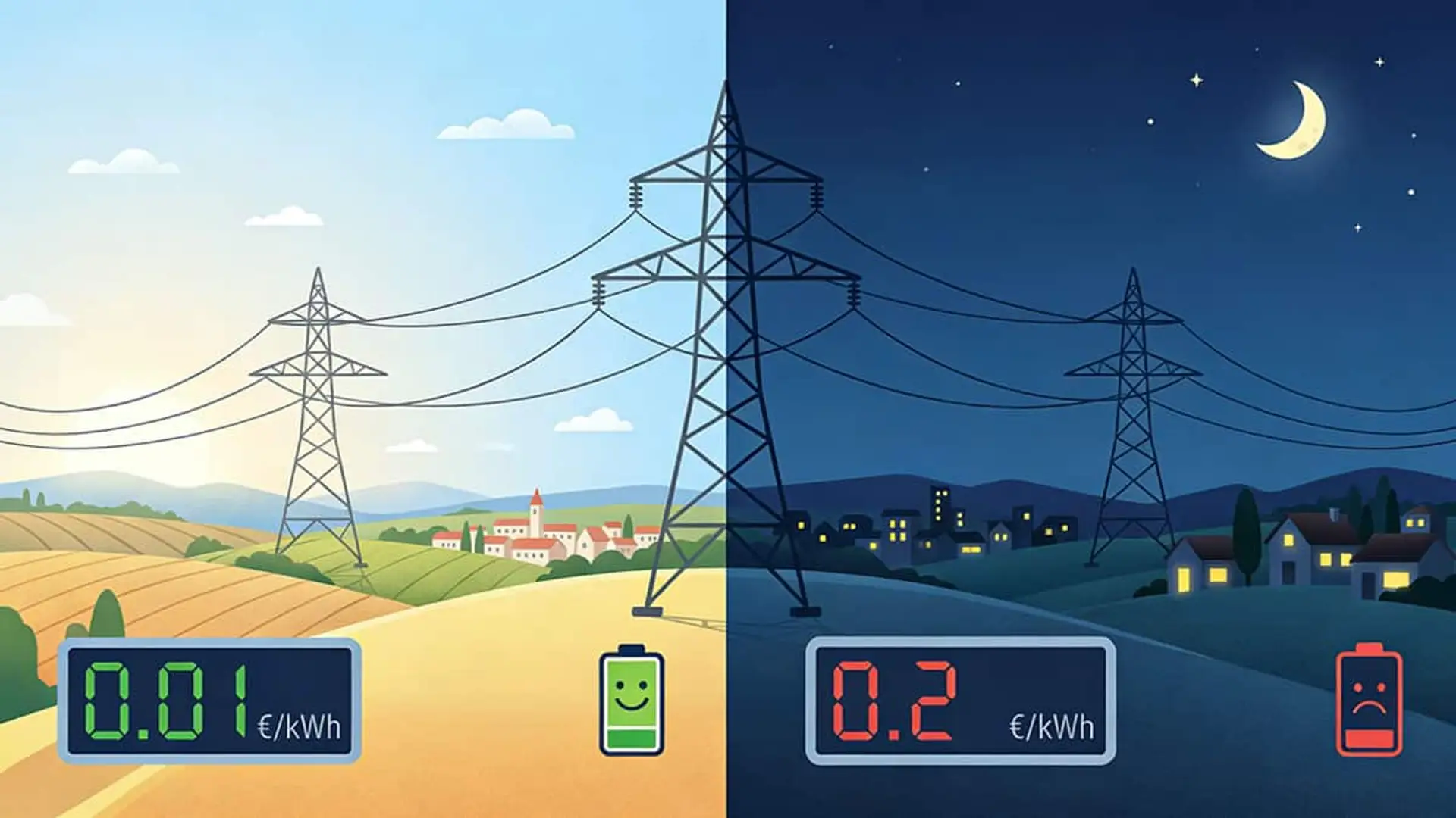 Ilustración a pantalla dividida de torres eléctricas con el precio de la luz de día y de noche