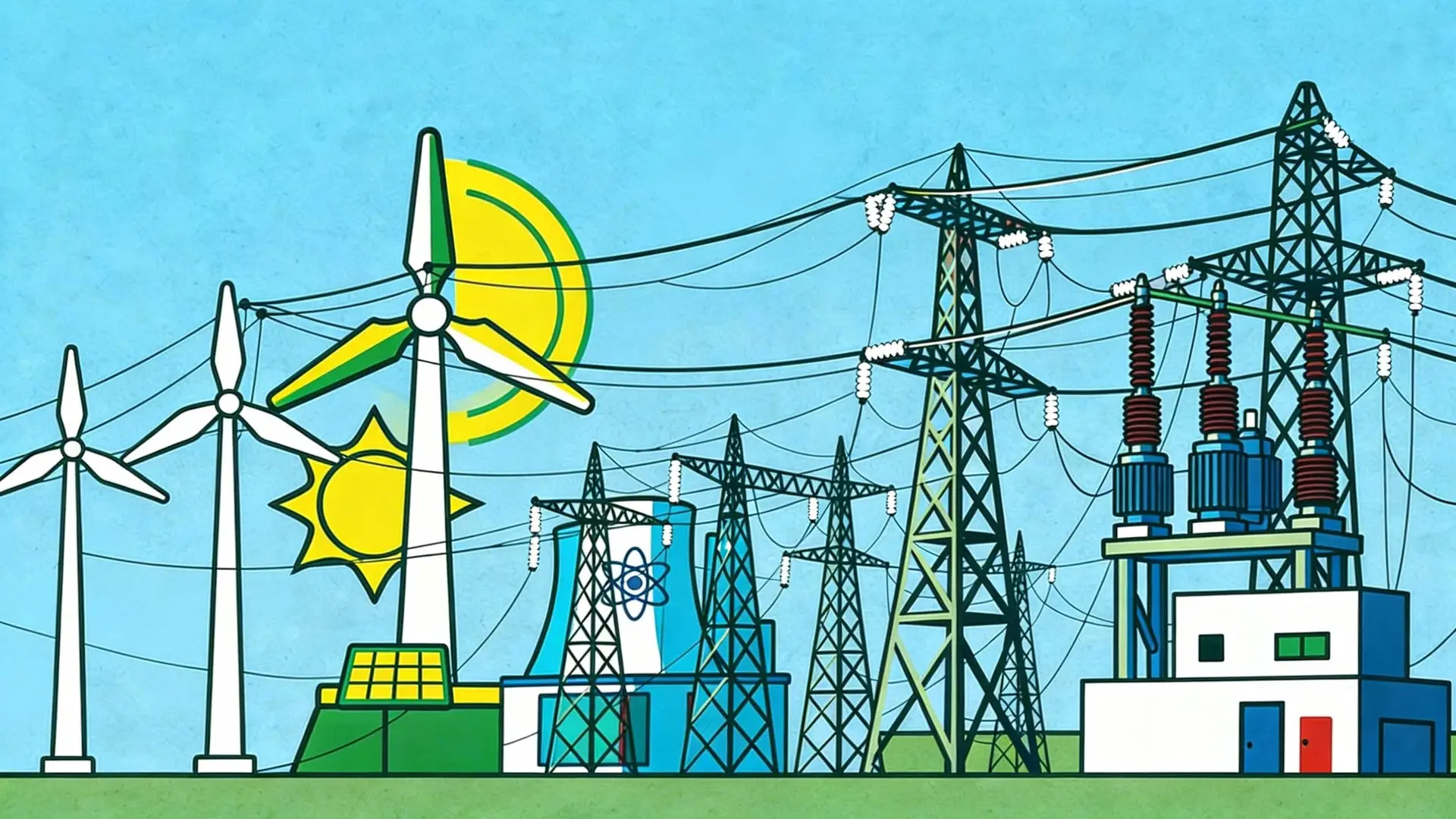El precio de la luz resiste el golpe de Ormuz gracias a renovables y nuclear, pero tiene los días contados Ilustración del sistema eléctrico con energía eólica, solar y nuclear conectadas a la red de alta tensión