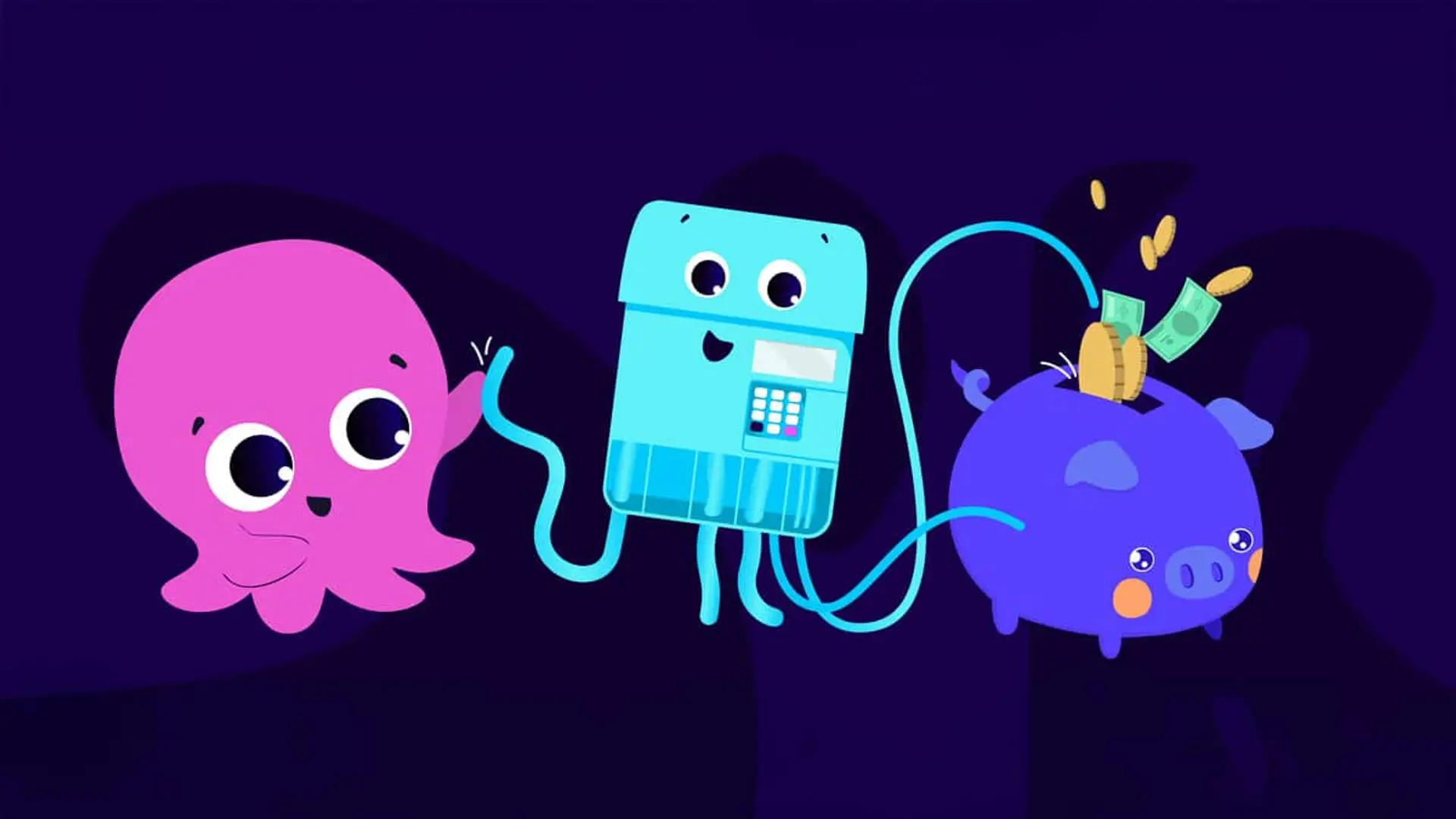 Ilustración con el pulpo de Octopus Energy conectado a una hucha con monecas y billetes.