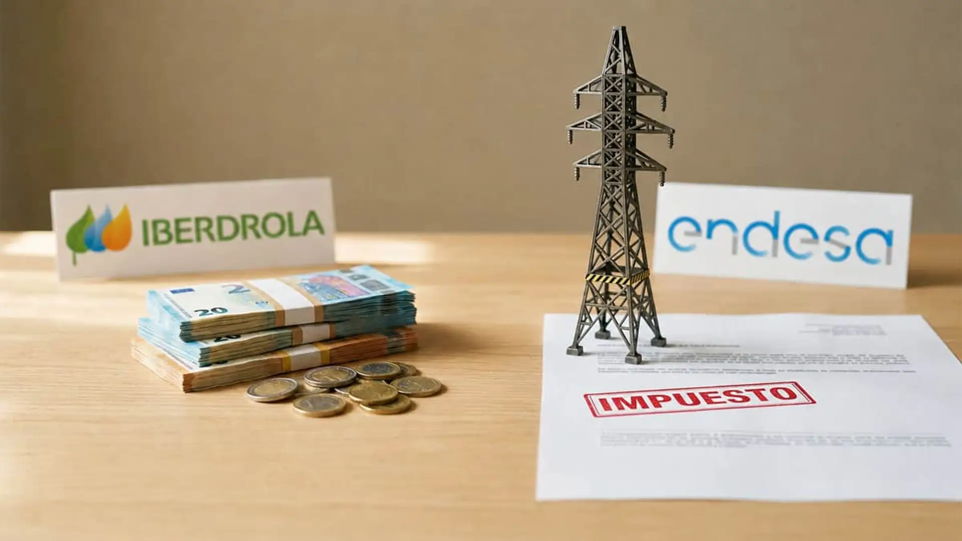Iberdrola y Endesa ya pagan la mitad del impuesto eléctrico, camino a su eliminación total en 2028 Impuesto eléctrico en España con torre de alta tensión, billetes y logos de Iberdrola y Endesa.
