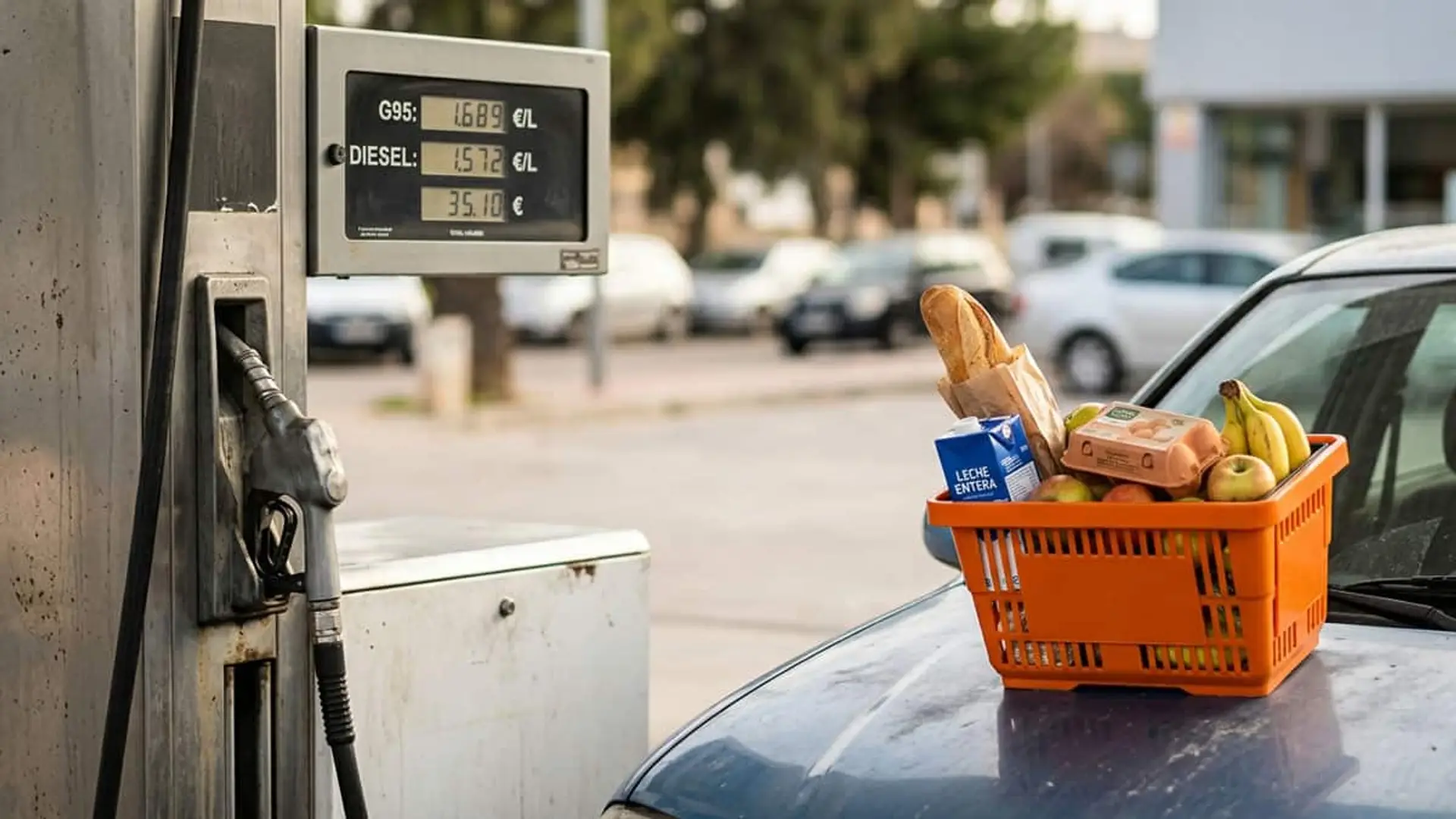 Surtidor de gasolina junto a un coche con una cesta de alimentos para representar el impacto de los carburantes y la alimentación en el IPC