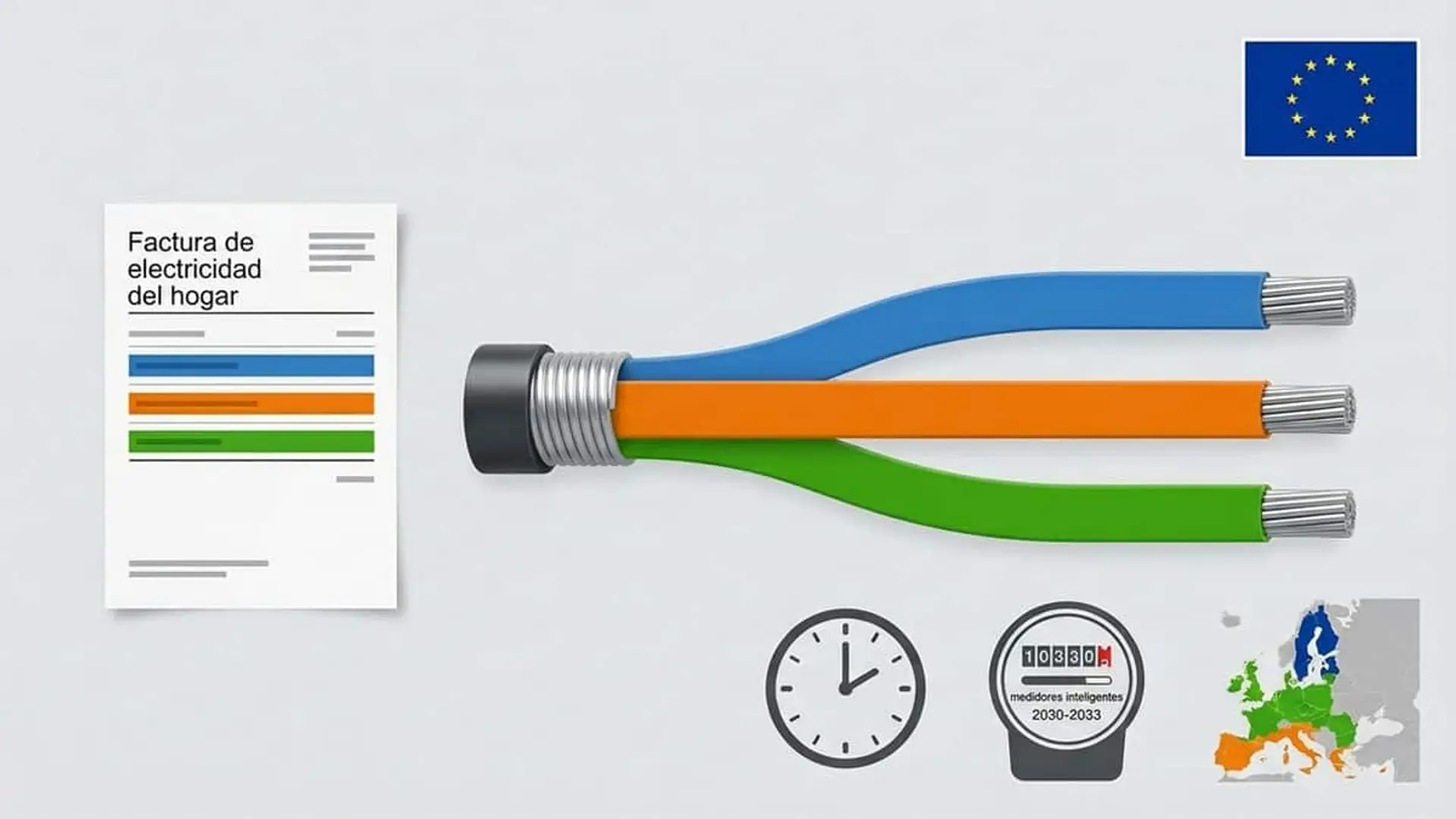 La UE quiere cambiar la factura de la luz: pagarás según cuándo, dónde y cuánta potencia exijas a la red Infografía con una factura de electricidad del hogar, un cable con tres hilos de colores, un reloj, un contador inteligente, un mapa de Europa y la bandera de la Unión Europea