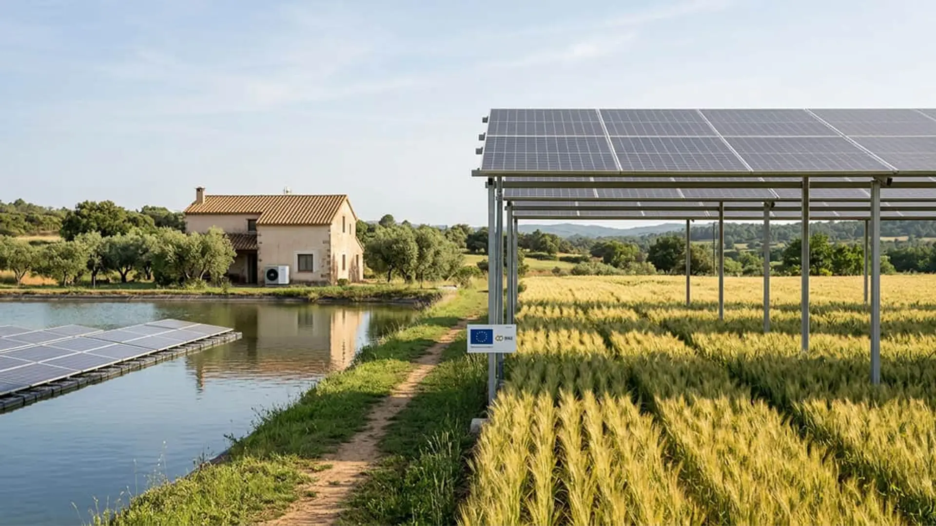 El Gobierno triplica sus ayudas a renovables innovadoras: de 148 a 433 millones en un año Instalación agrovoltaica con paneles solares en cultivo rural junto a una vivienda y un estanque.