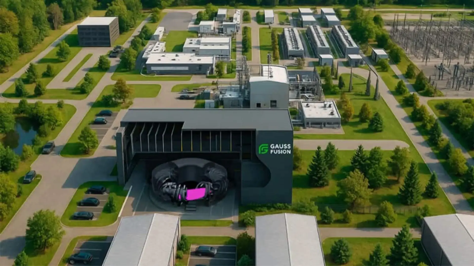 Render de las instalaciones de Gauss Fusion mostrando un complejo tecnológico con edificios industriales y un reactor de fusión en primer plano.
