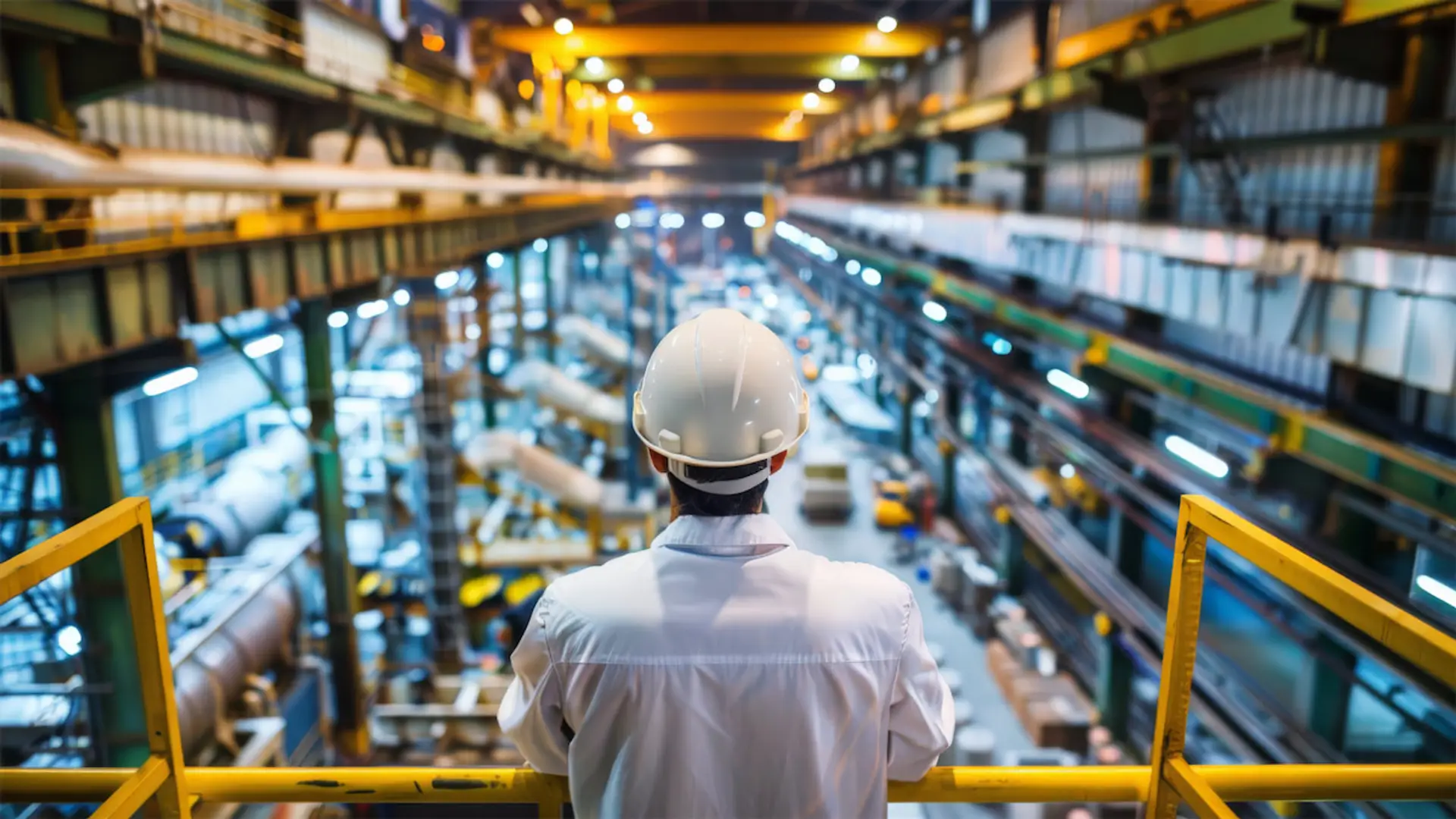 Ingeniero con casco blanco supervisando una gran planta industrial desde una pasarela, representando al sector industrial.