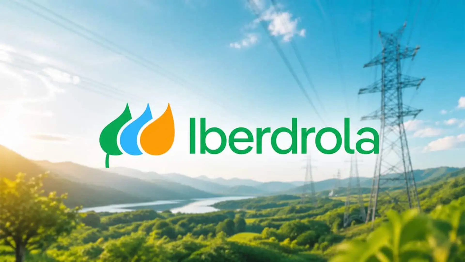 Logotipo de Iberdrola sobre un paisaje con torres eléctricas y montañas al fondo