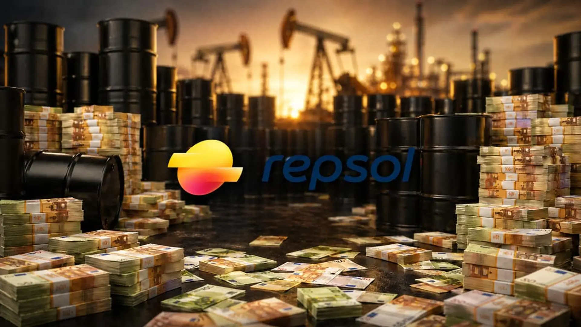 Logotipo de Repsol sobre una escena con barriles de petróleo, fajos de billetes y una refinería al fondo