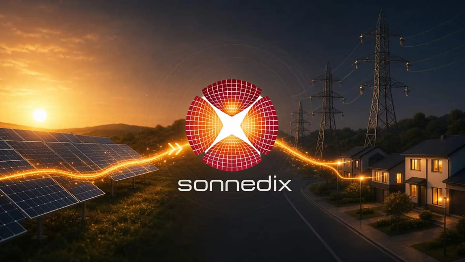 Logotipo de Sonnedix sobre una instalación solar conectada a una red eléctrica y varias viviendas al atardecer