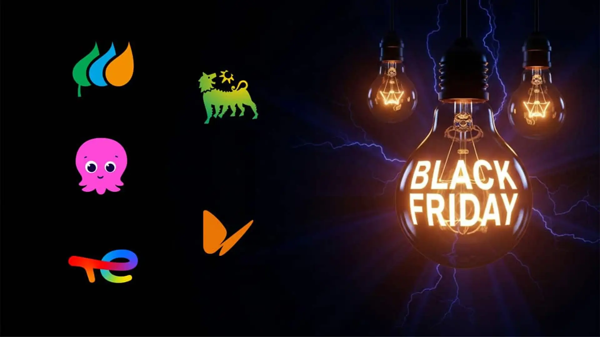 Ilustración de bombillas encendidas con el texto Black Friday junto a los logos de varias compañías energéticas