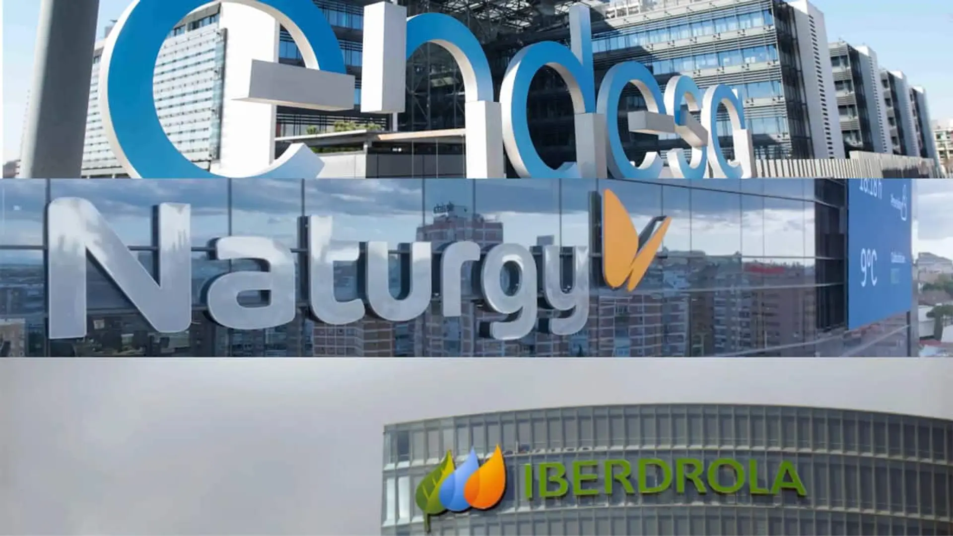 Logotipos de Endesa, Naturgy e Iberdrola en las fachadas de sus sedes corporativas