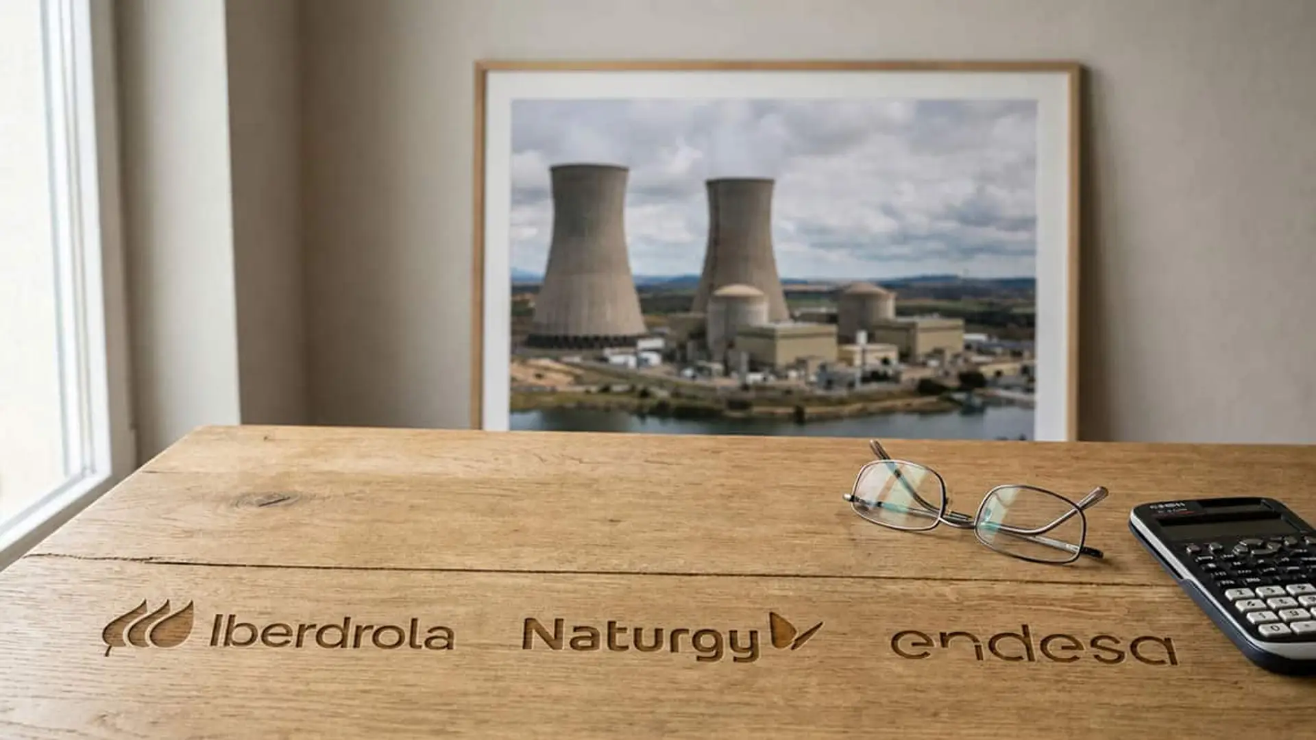 El CSN aprueba la prórroga de Almaraz hasta 2030 y el Gobierno tiene hasta octubre para decidir Logos de Iberdrola, Naturgy y Endesa sobre una mesa de madera, con una fotografía de una central nuclear al fondo