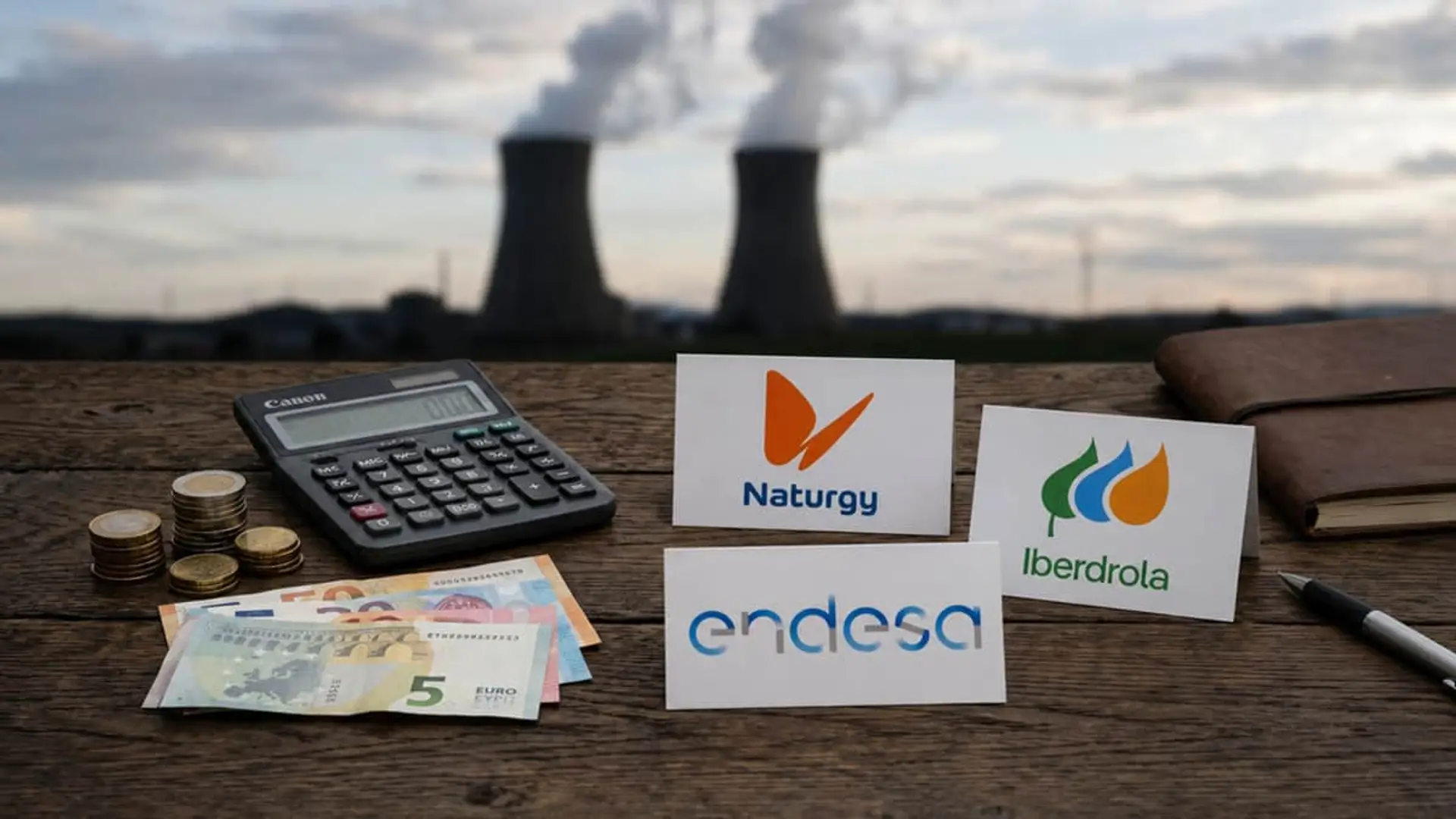 Iberdrola, Endesa y Naturgy reabren la batalla fiscal nuclear tras salvar Almaraz Logos de Naturgy, Iberdrola y Endesa sobre una mesa con euros, calculadora y una central eléctrica al fondo.