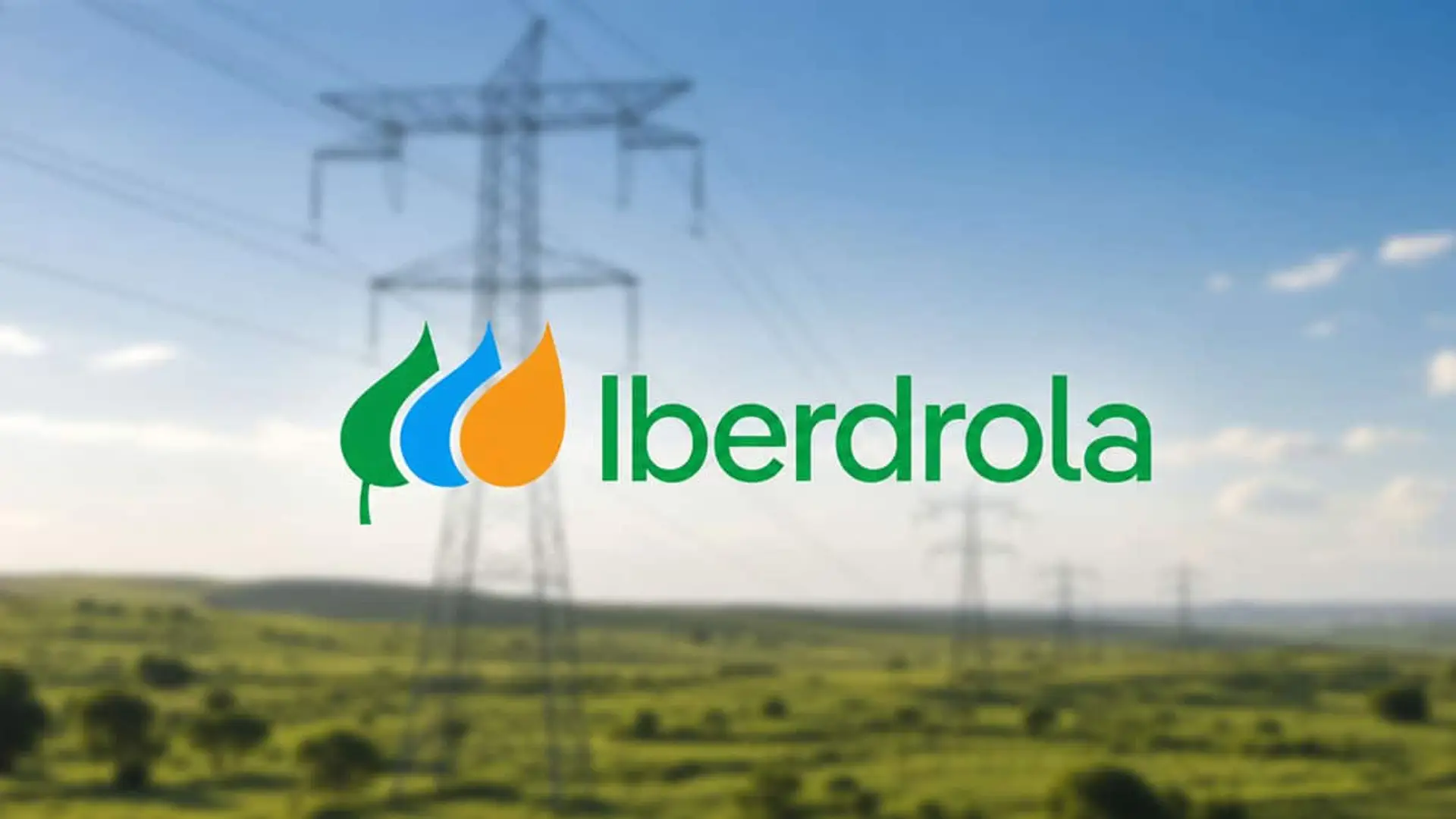 Logotipo de Iberdrola sobre un paisaje con torres y líneas eléctricas de alta tensión