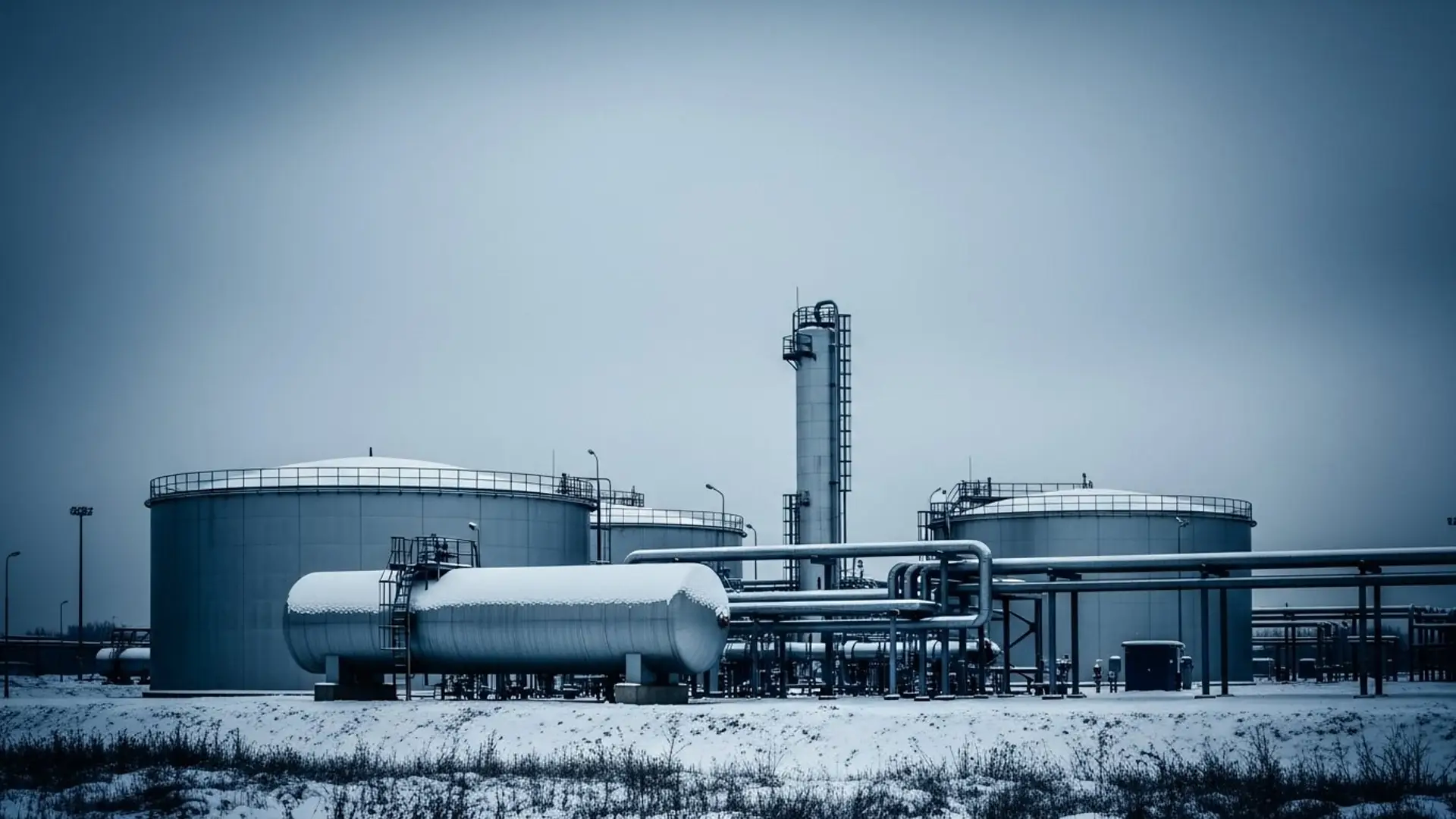 Planta de almacenamiento de gas natural en invierno con nieve, infraestructura energética en clima frío.
