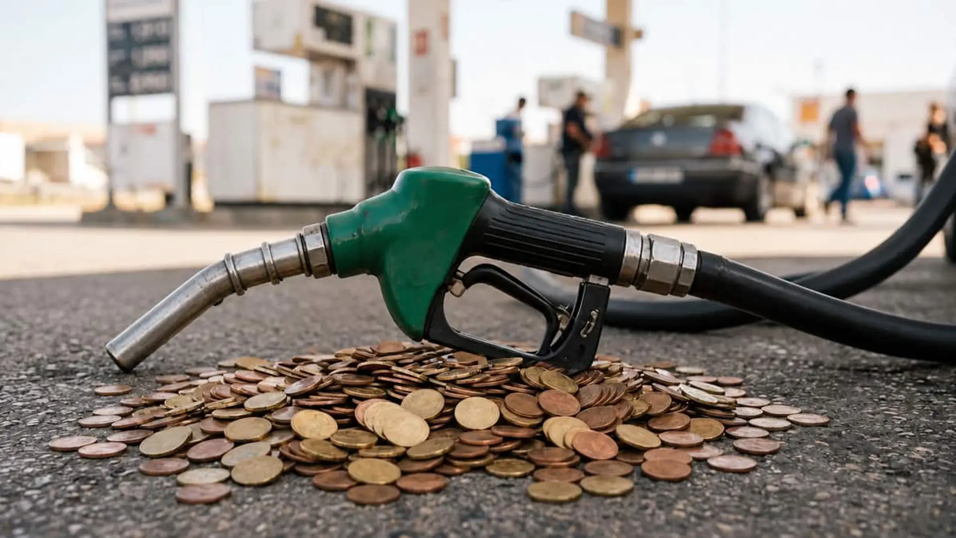 Pistola verde de un surtidor de gasolina apoyada sobre un montón de monedas de euro en el suelo de una gasolinera, con un coche y varios surtidores al fondo.