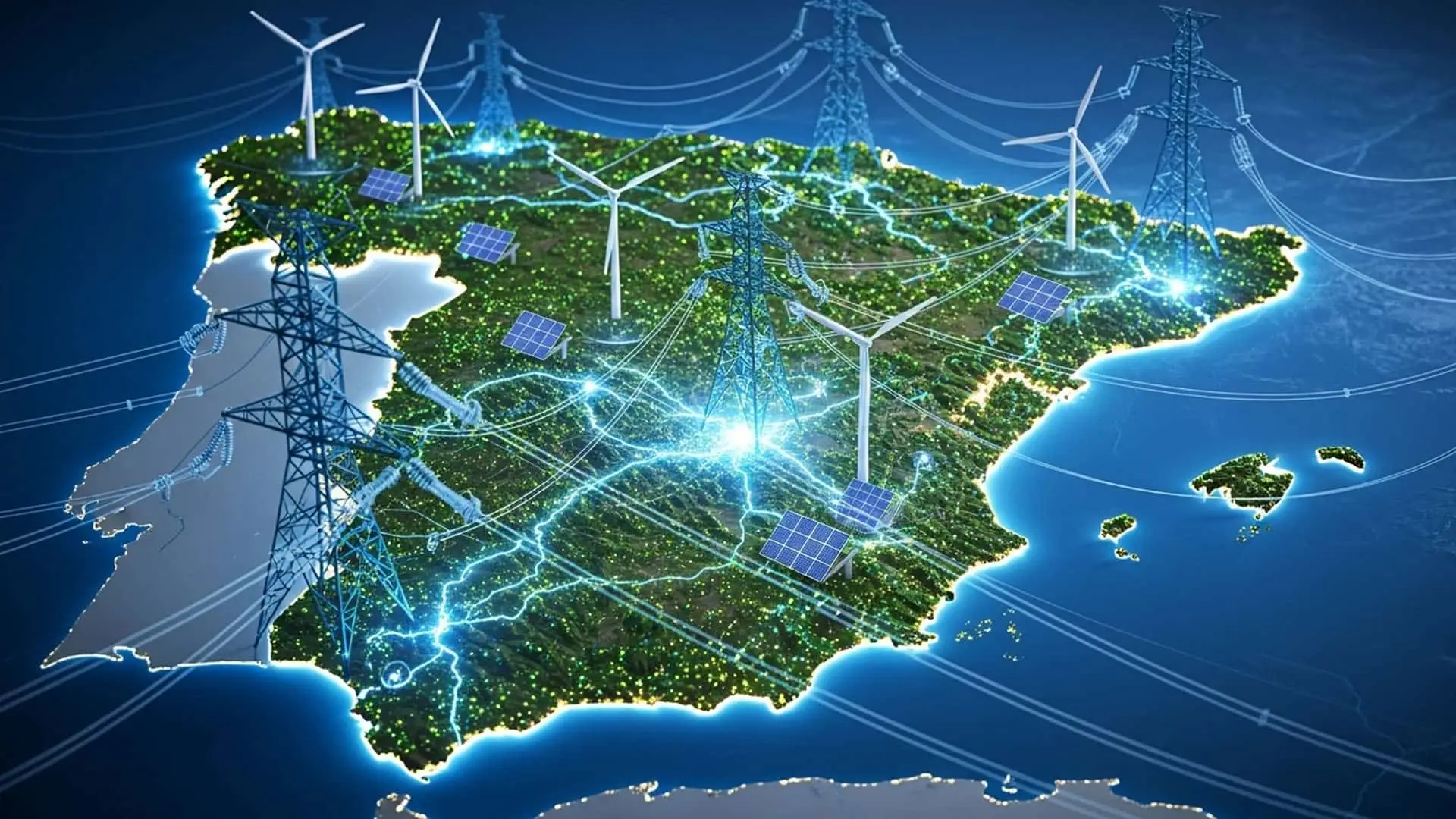 Mapa de España con representación digital de redes eléctricas y energías renovables.