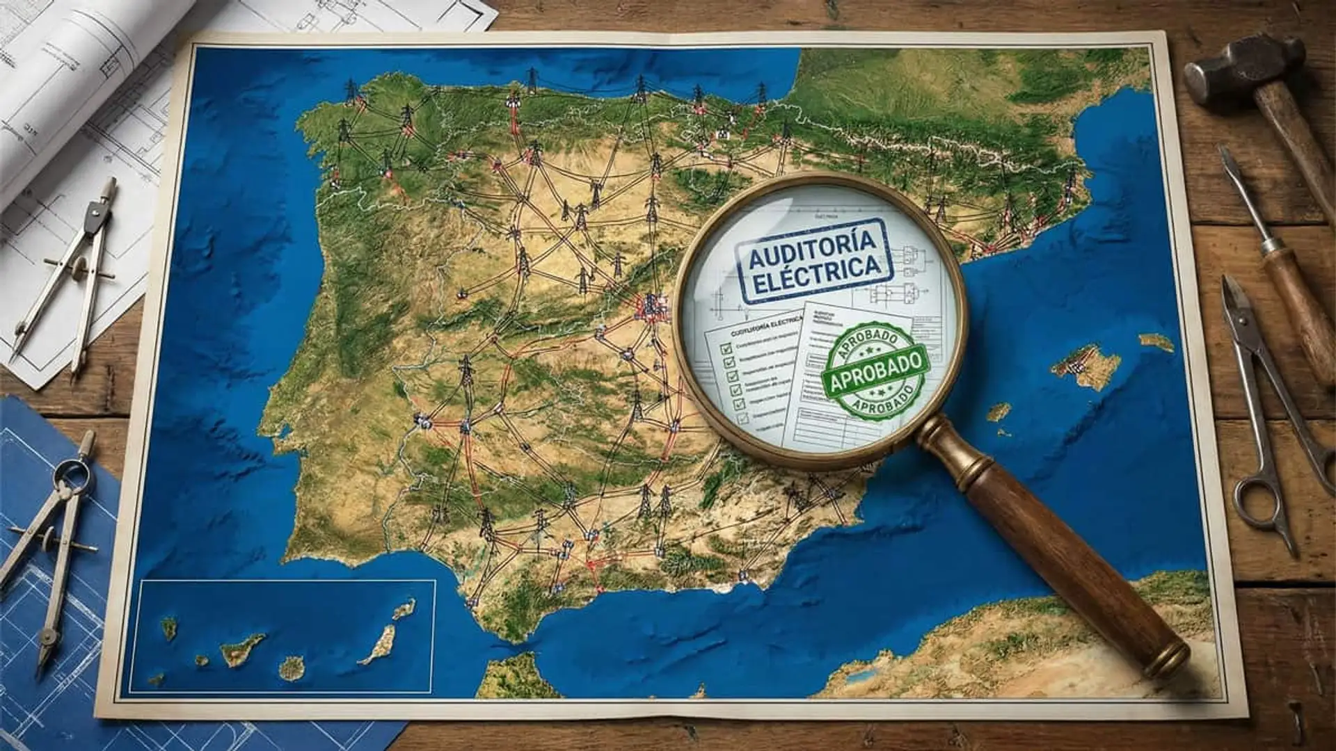 Mapa de España con la red eléctrica y una lupa sobre una auditoría eléctrica aprobada