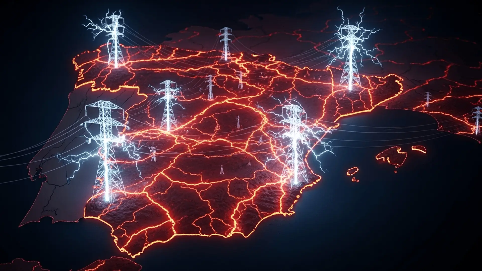 Mapa de España iluminado con torres eléctricas y red saturada de energía.