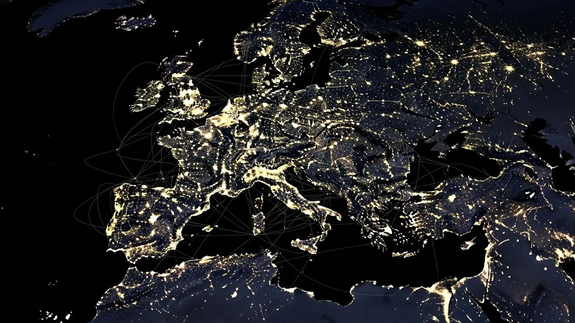 Mapa de Europa de noche con España aislada por falta de interconexiones eléctricas.