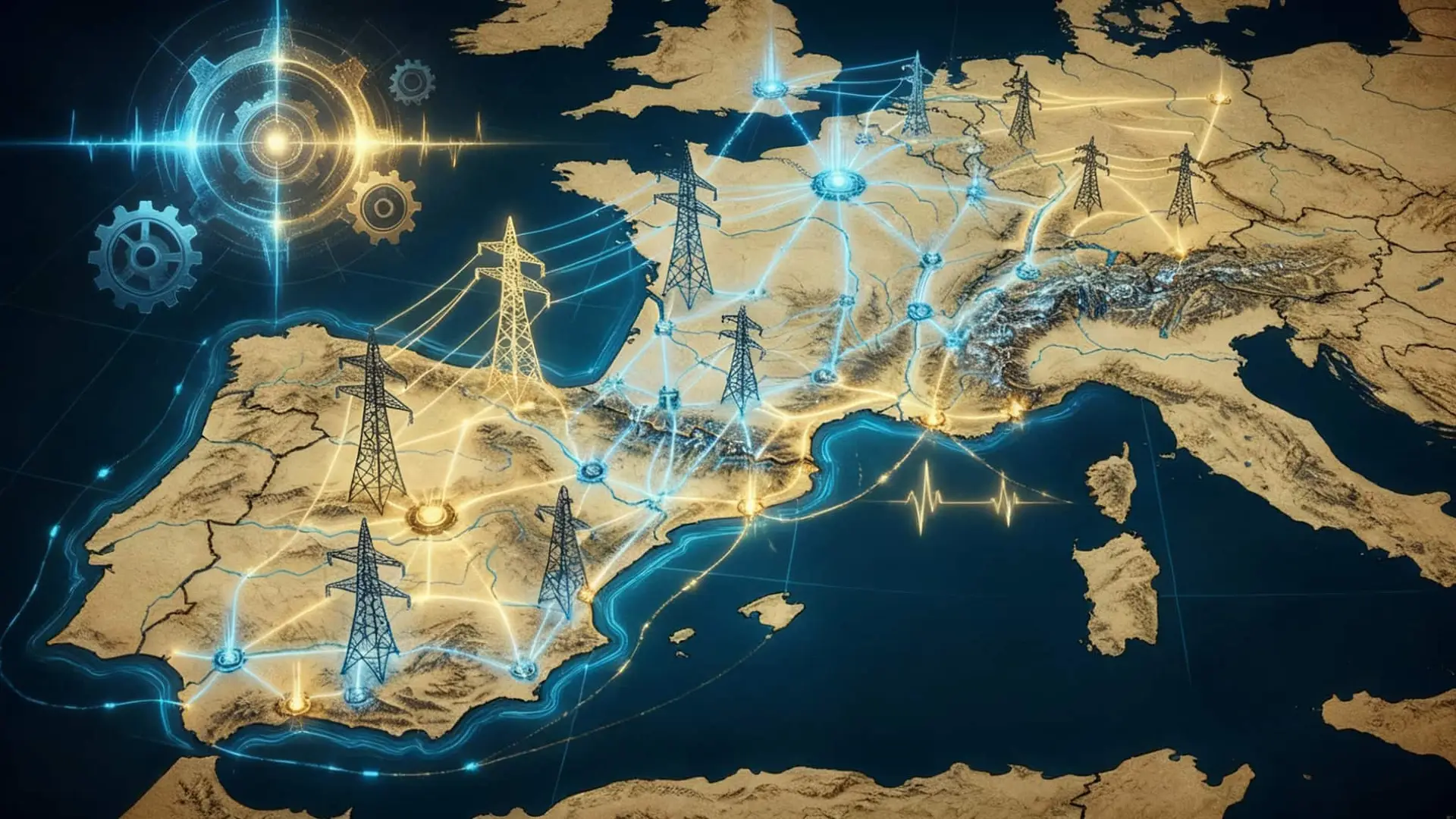 Conectar España con Francia: el plan de la UE para no perder la mitad de su consumo eléctrico en renovables Ilustración de un mapa de Europa que muestra la red eléctrica interconectada con torres de alta tensión y flujos de energía entre países.