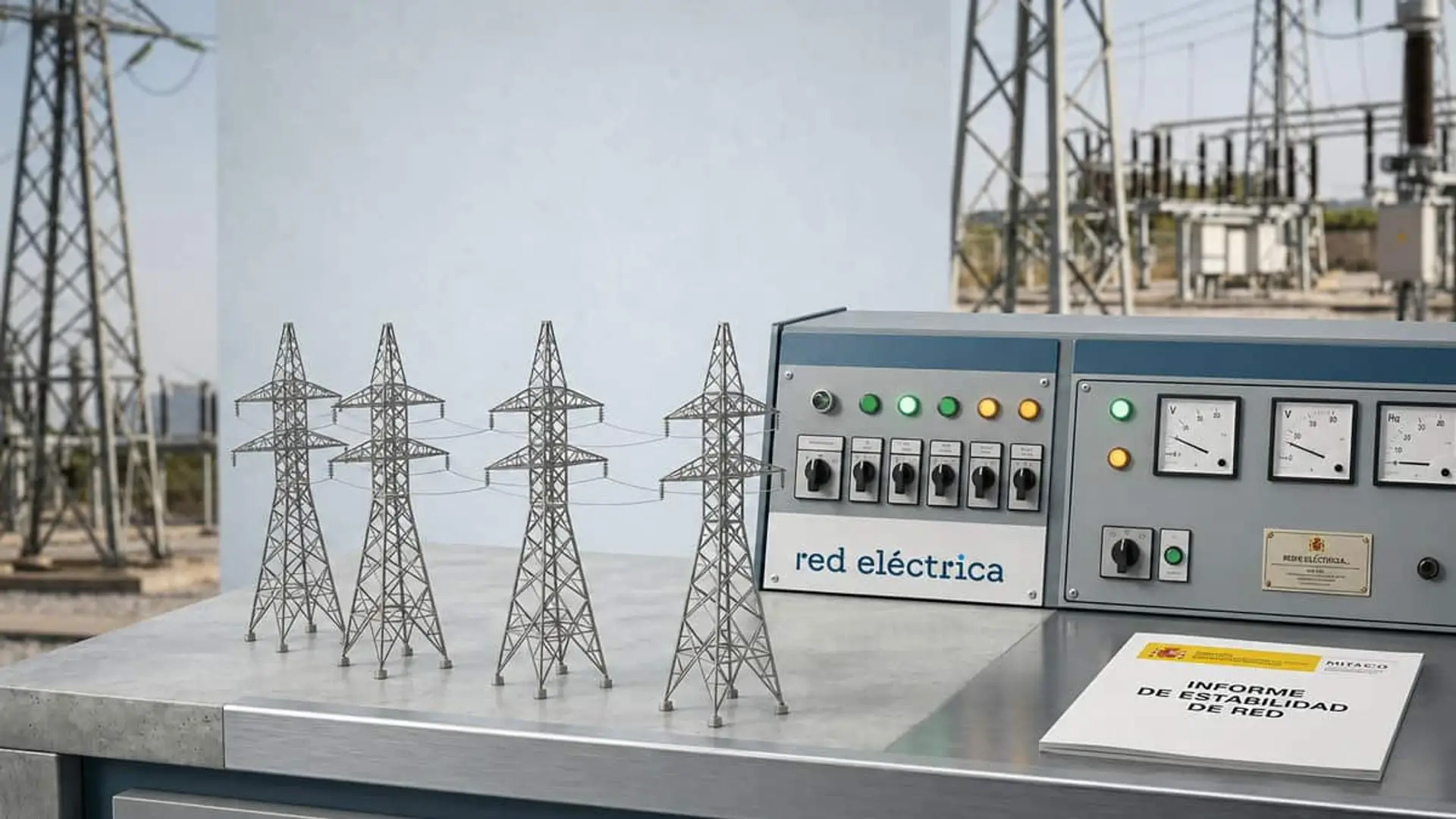 Red Eléctrica recibe 615 millones antiapagones: en qué se van a invertir y por qué se oponen CNMC y renovables Maquetas de torres eléctricas junto a un panel de control de Red Eléctrica y un informe sobre una mesa