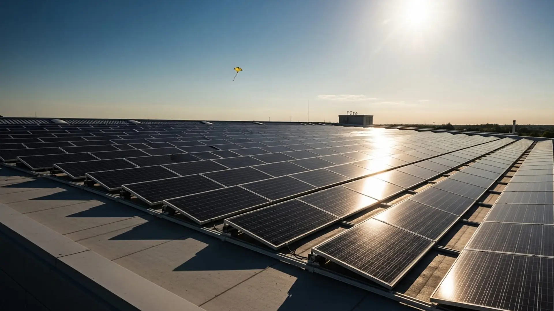 Paneles solares en una gran azotea generando energía limpia con alta radiación solar.
