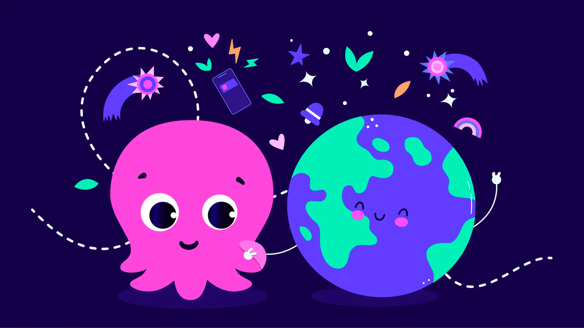 Pulpo rosa de Octopus Energy de la mano del planeta Tierra, simbolizando el compromiso de la compañía con la energía sostenible.
