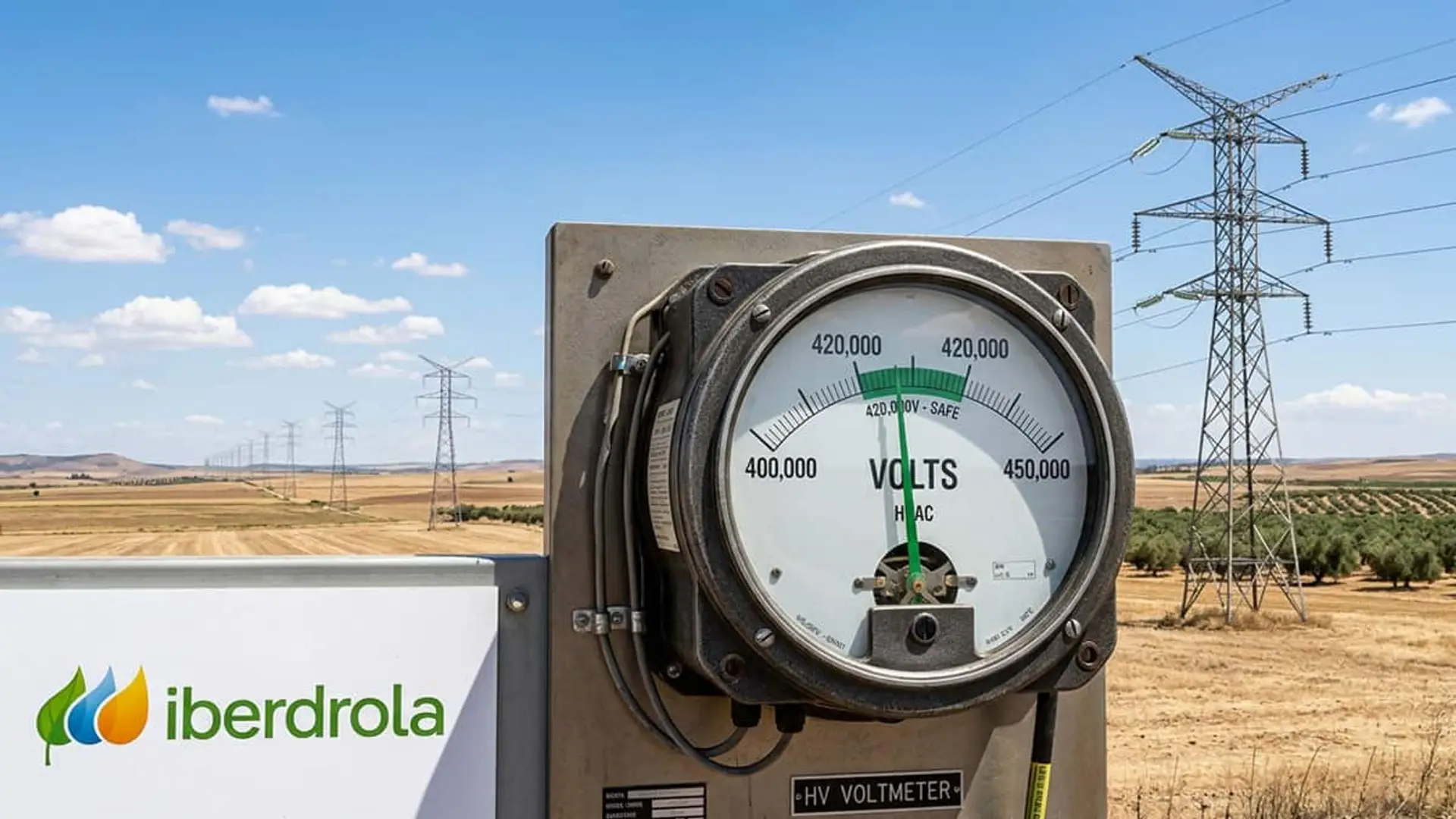 Por qué el riesgo de otro apagón es ahora “bajísimo” según Iberdrola, y qué precio tiene esa seguridad Medidor de alta tensión junto al logotipo de Iberdrola y varias torres eléctricas en un paisaje rural