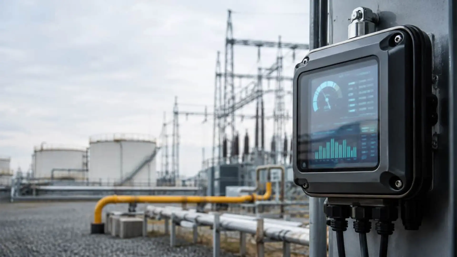 Eléctricas, gasistas y petroleras calcularán su ahorro energético cada trimestre y sin la plataforma DAFNE Monitor industrial inteligente para supervisión energética en planta eléctrica con tuberías y depósitos.
