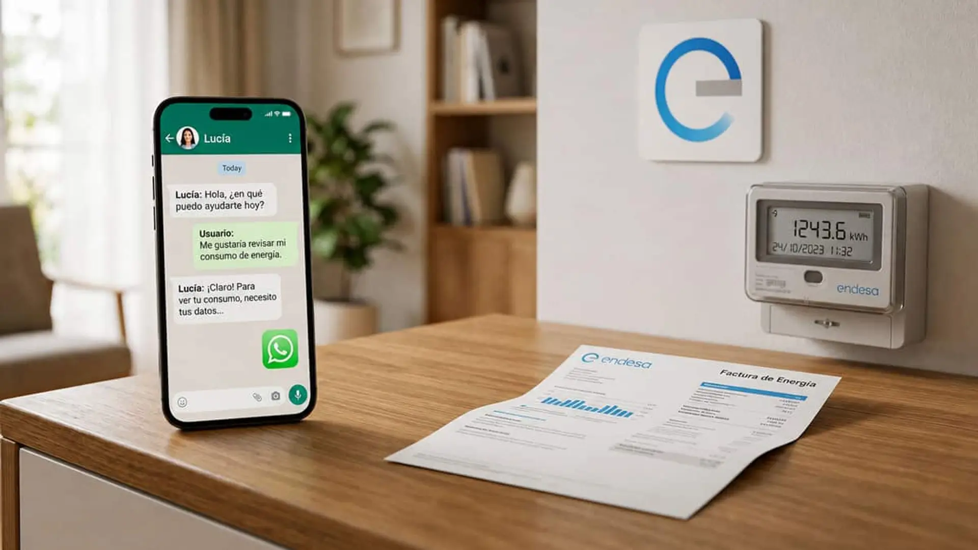 Endesa suma la IA a su venta de luz y gas: así asesora Lucía en WhatsApp Teléfono móvil con una conversación de WhatsApp junto a una factura de Endesa y un contador eléctrico en una vivienda
