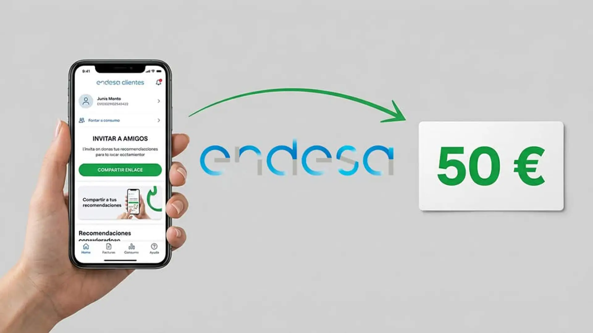 Endesa sube de 30 a 50 euros el bono por recomendar: así funciona el nuevo ’Trae un amigo’ Móvil con la app de Endesa para invitar amigos, una flecha hacia el logotipo de Endesa y una tarjeta de 50 euros