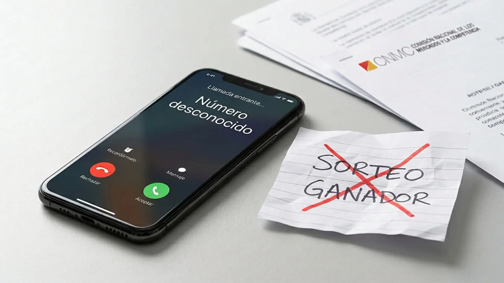 Si sigues recibiendo llamadas spam de eléctricas pese a estar en la Lista Robinson, este es el motivo exacto Móvil con una llamada de número desconocido junto a una nota de "sorteo ganador" tachada y unos documentos de la CNMC