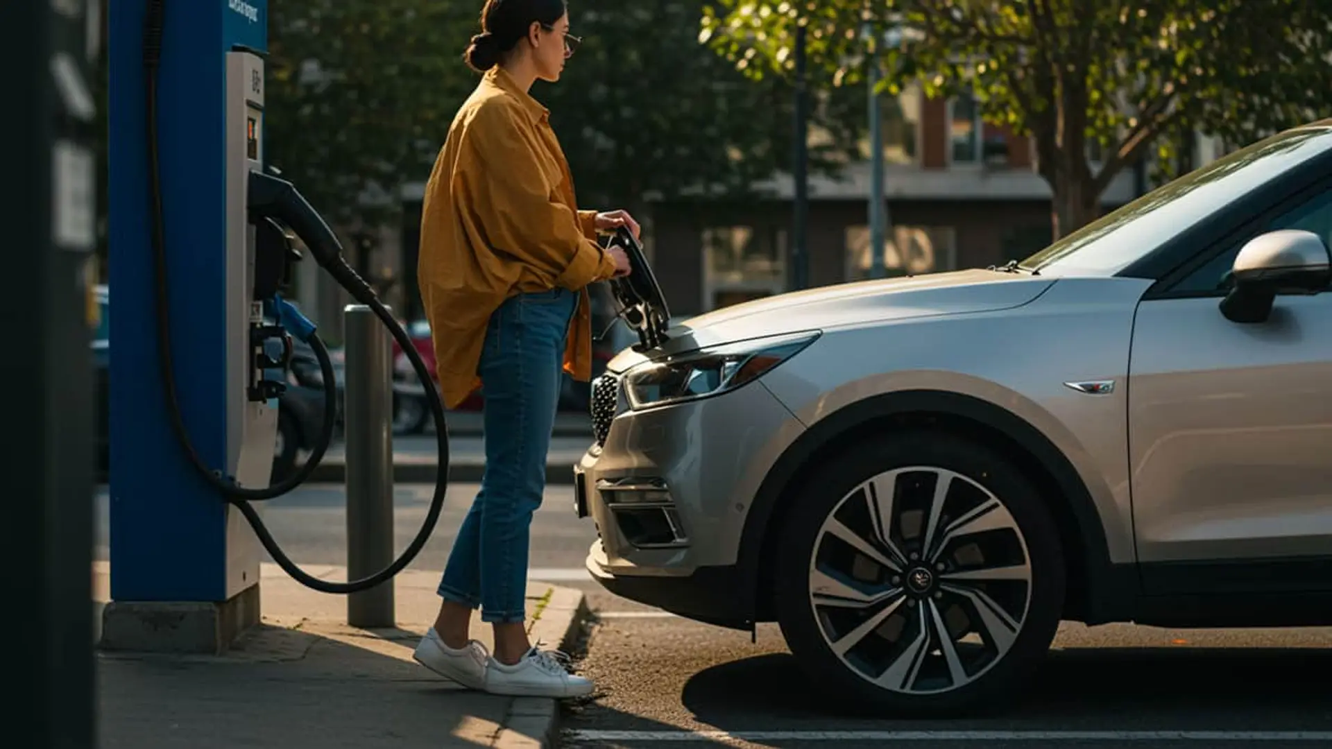 Mujer cargando su coche eléctrico en un punto de recarga público. Movilidad sostenible y vehículos no contaminantes.