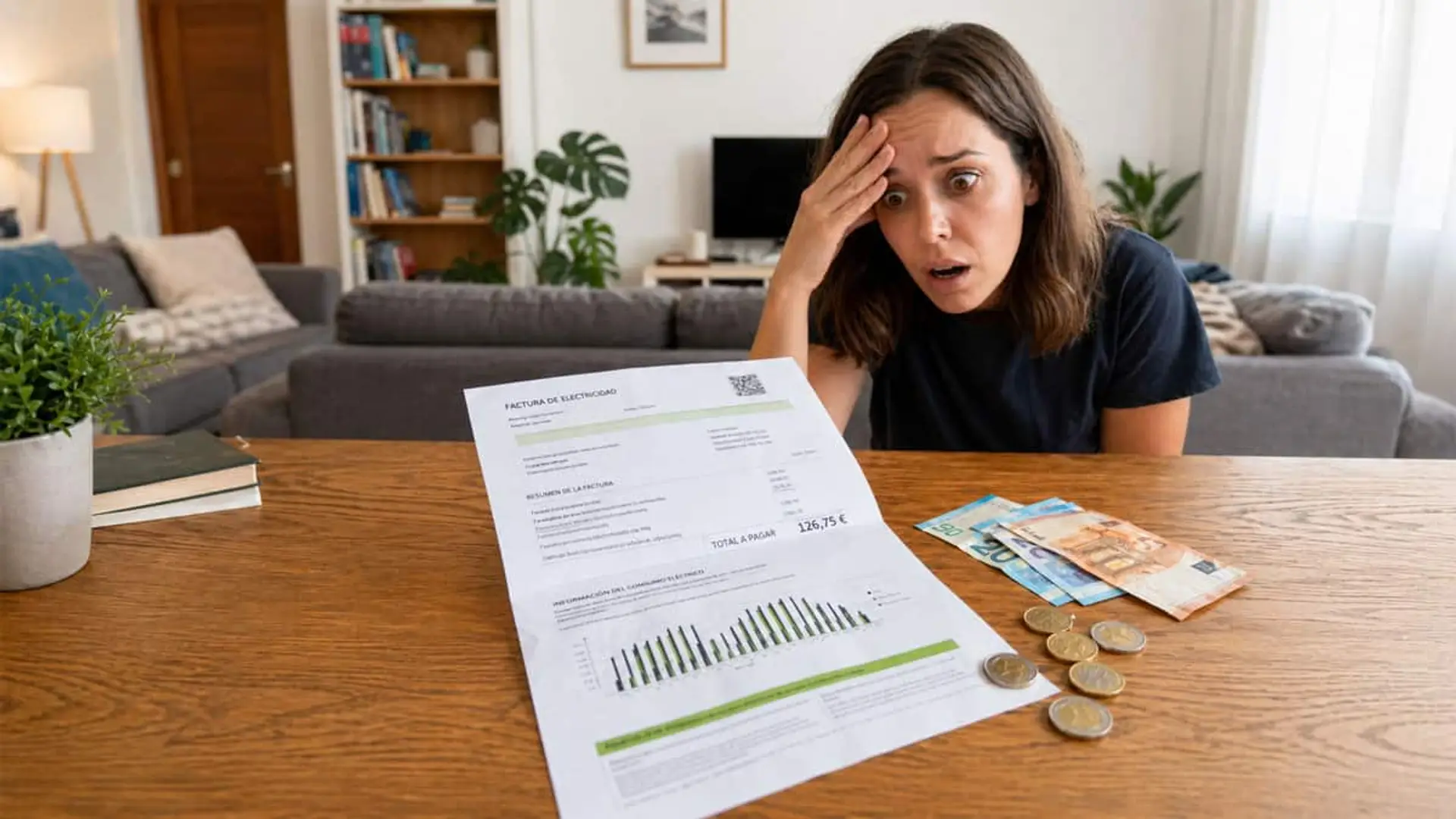 Mujer preocupada revisando una factura de electricidad sentada en una mesa con billetes y monedas