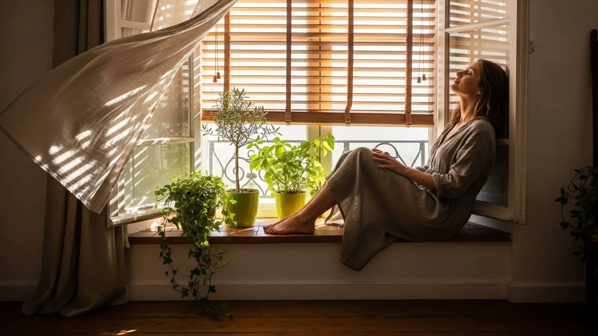 Mujer relajada sentada en el alféizar de una ventana, disfrutando de la brisa para refrescar la casa de forma natural.