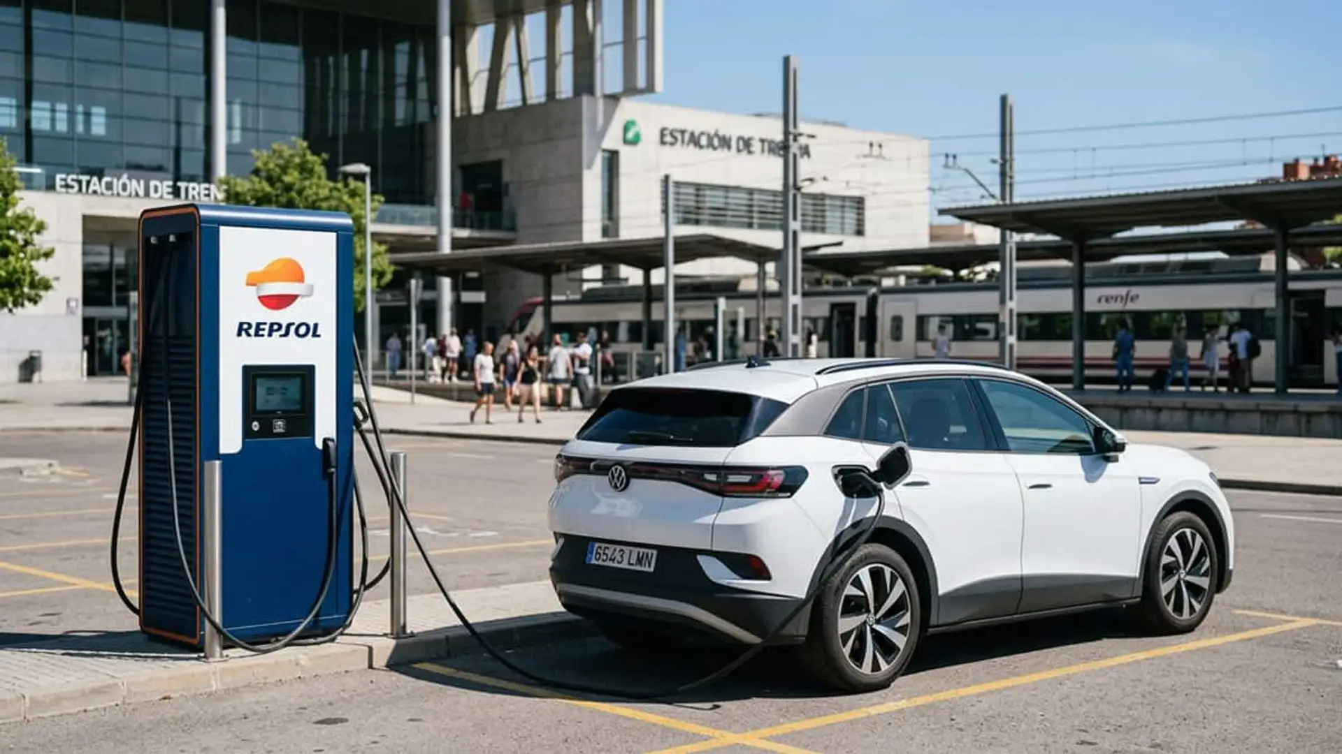 Coche eléctrico cargando en un punto de recarga de Repsol frente a una estación de tren