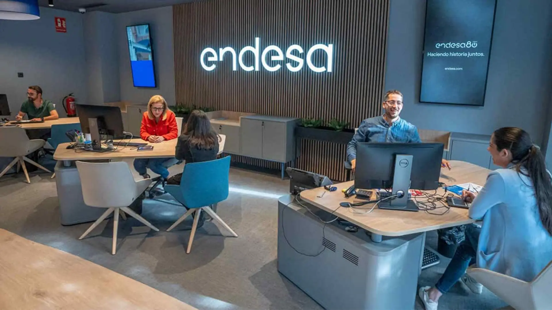 Interior de una oficina de Endesa con varias personas sentadas en puestos de atención al cliente.