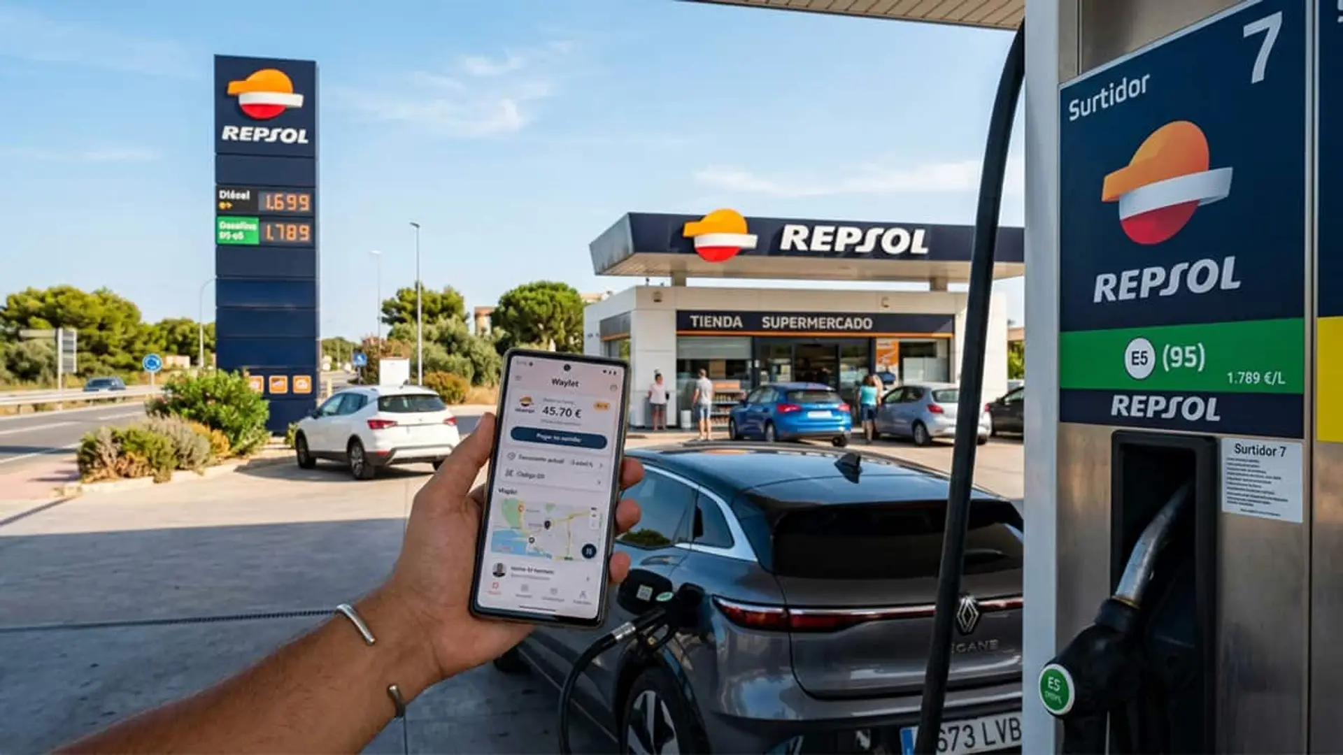 Repsol duplica el ahorro en gasolina los fines de semana: hasta 45 céntimos por litro con Waylet Persona utilizando la app Waylet junto a un surtidor de Repsol mientras un coche está estacionado para repostar